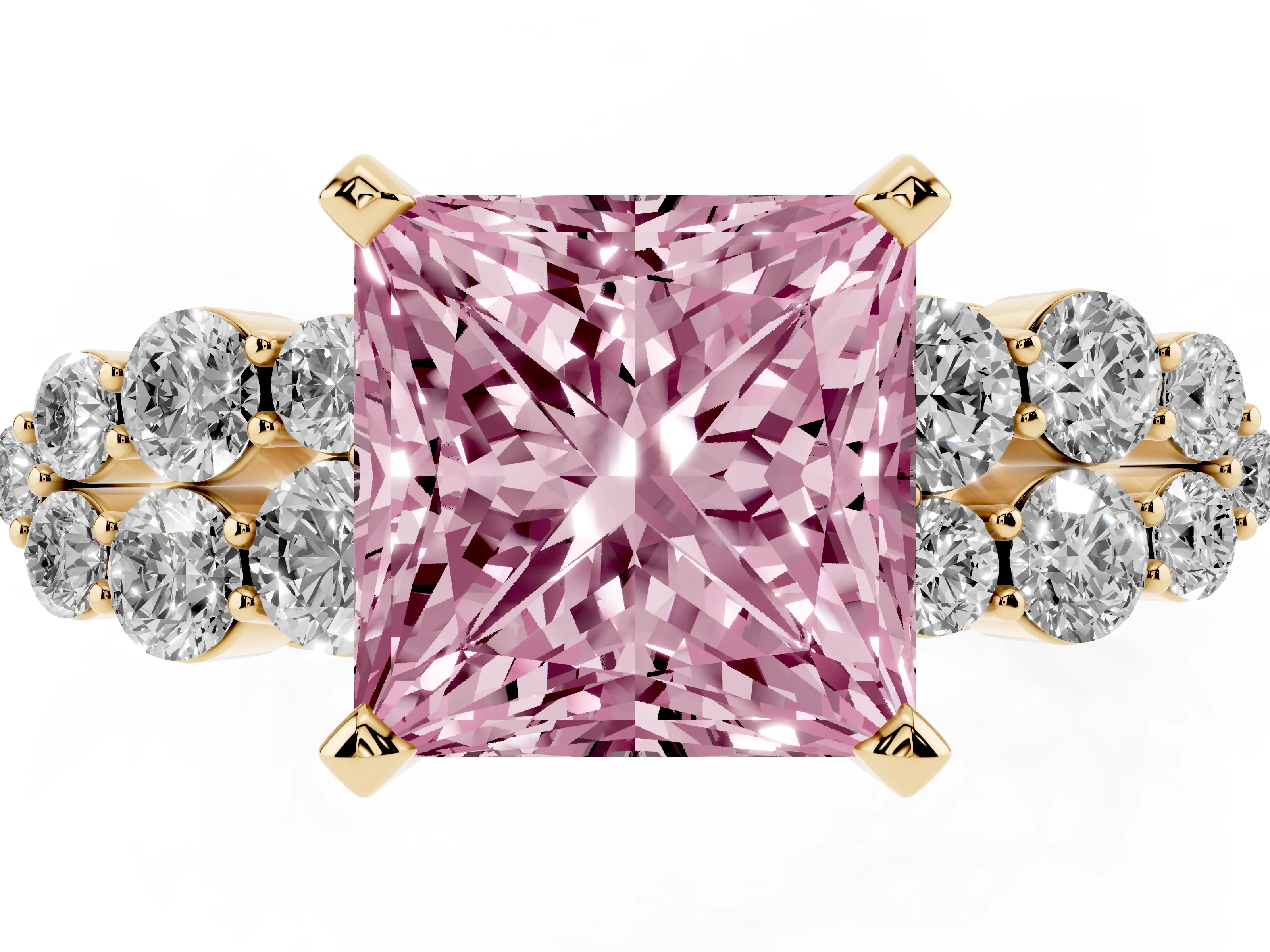 Fancy Pink Princess Cut Diamond Cluster Engagement Ring Set in Yellow gold with Pavé Band and Prong Setting