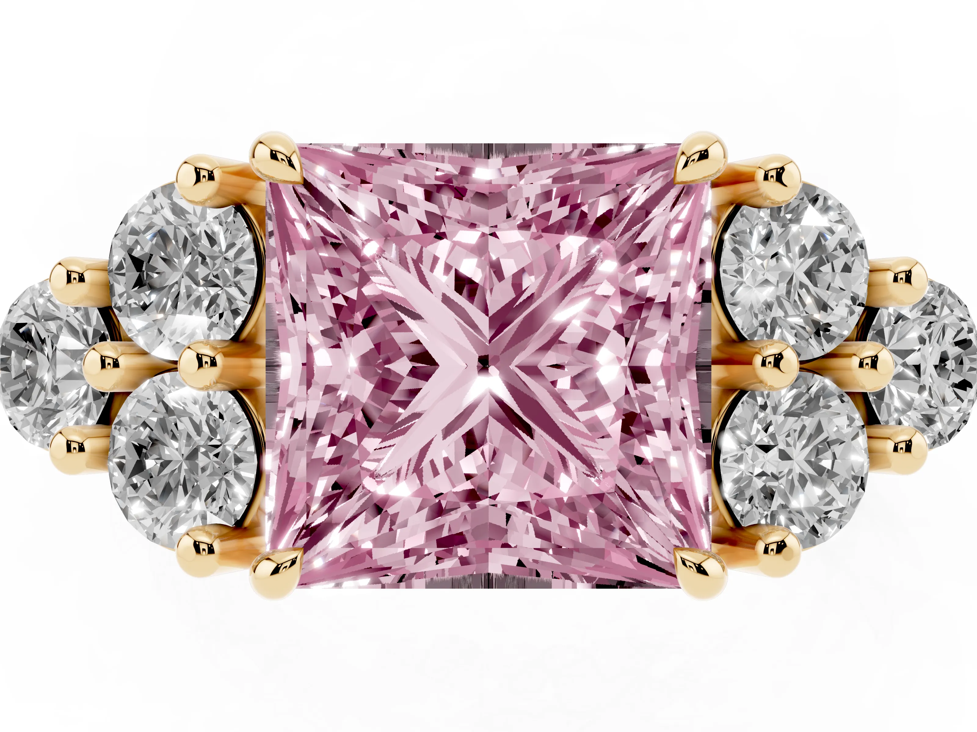 Fancy Pink Princess Cut Diamond Solitaire Ring Set in Yellow gold with Cluster Accents on Each Side