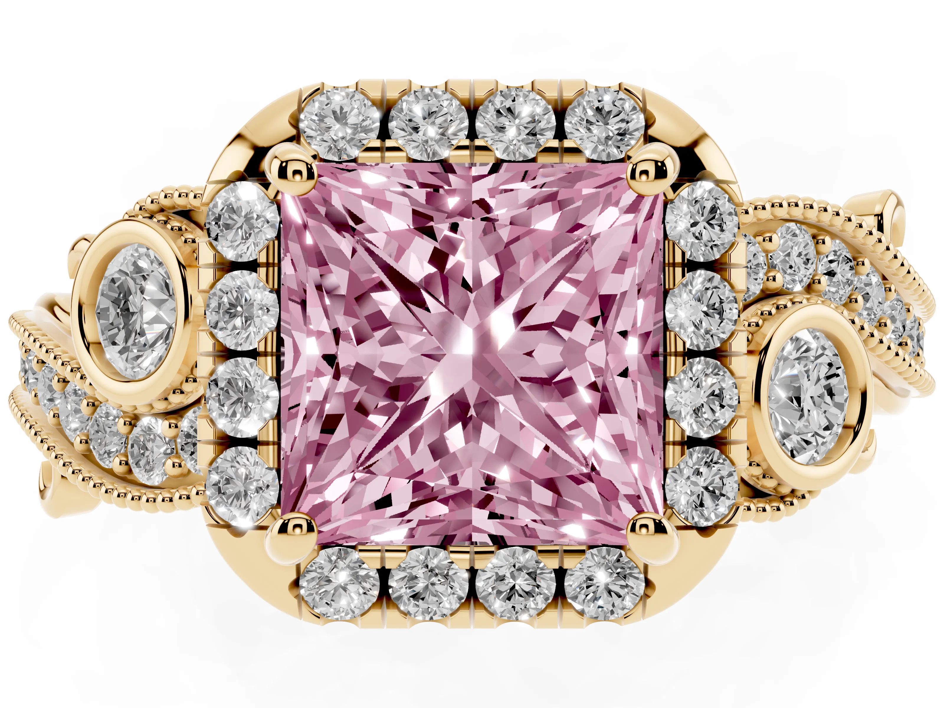 Fancy Pink Princess Cut Diamond Halo Ring Set in Yellow gold with Milgrain Pavé Band and Prong Setting
