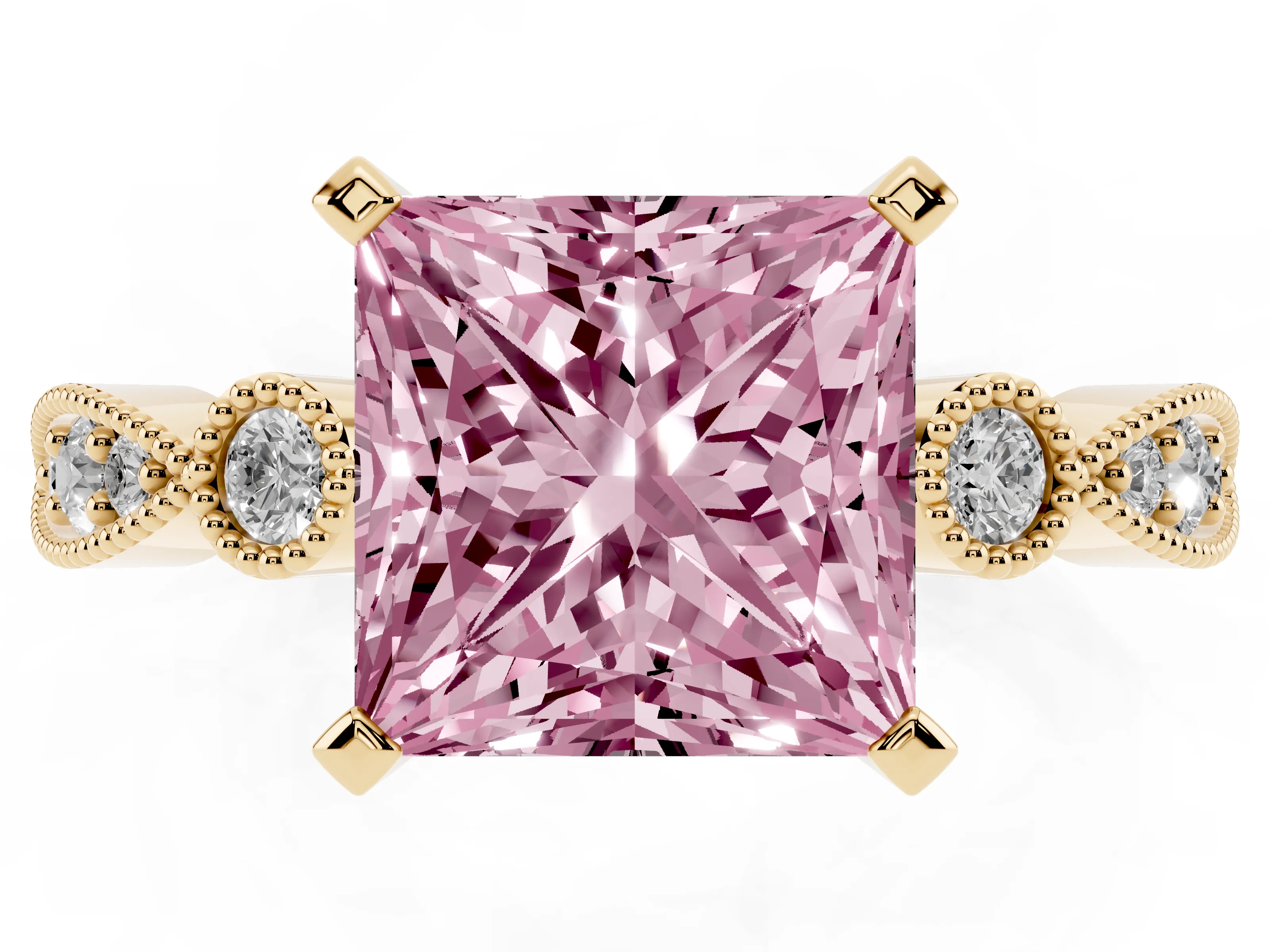 Fancy Pink Princess Cut Diamond Solitaire Engagement Ring Set in Yellow gold with Milgrain Bezel Accent Band