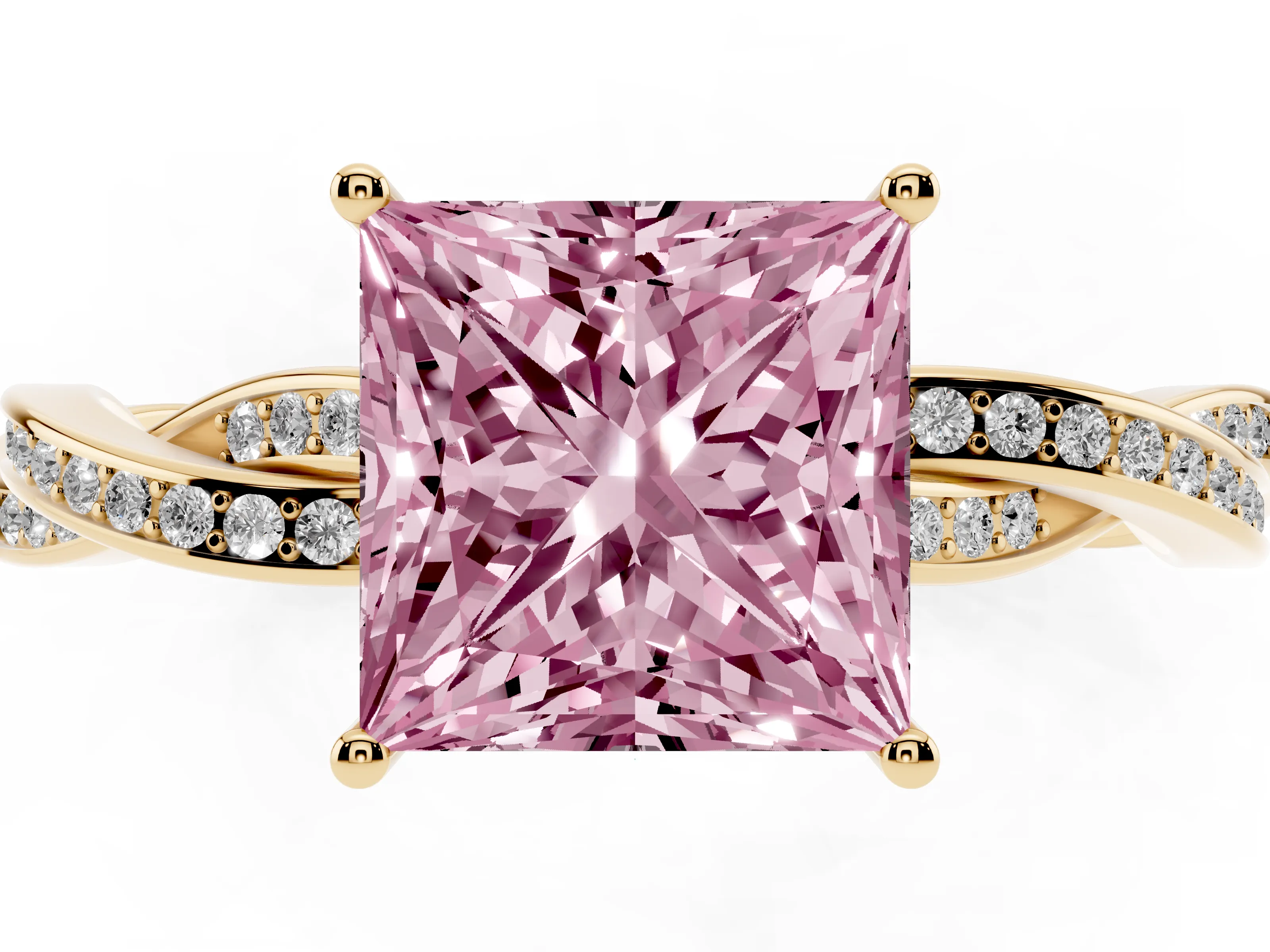 Fancy Pink Princess Cut Diamond Solitaire Twisted Pavé Ring Set in Yellow gold with Prong Setting