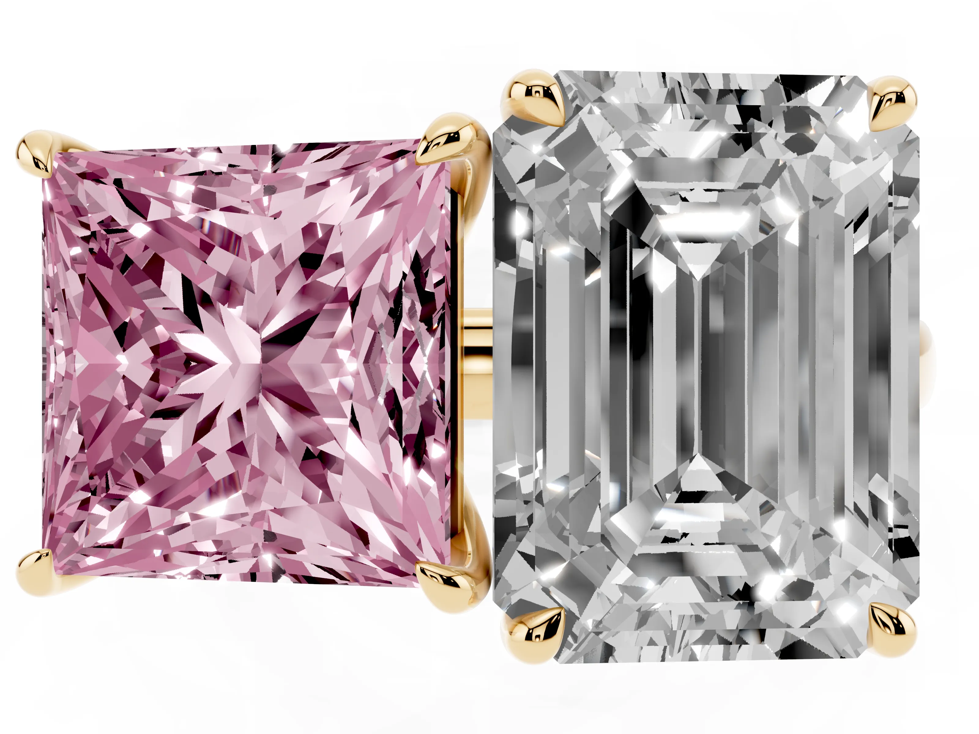Fancy Pink Princess Cut and Emerald Cut Toi Moi Ring Set in Yellow gold with Prong Setting