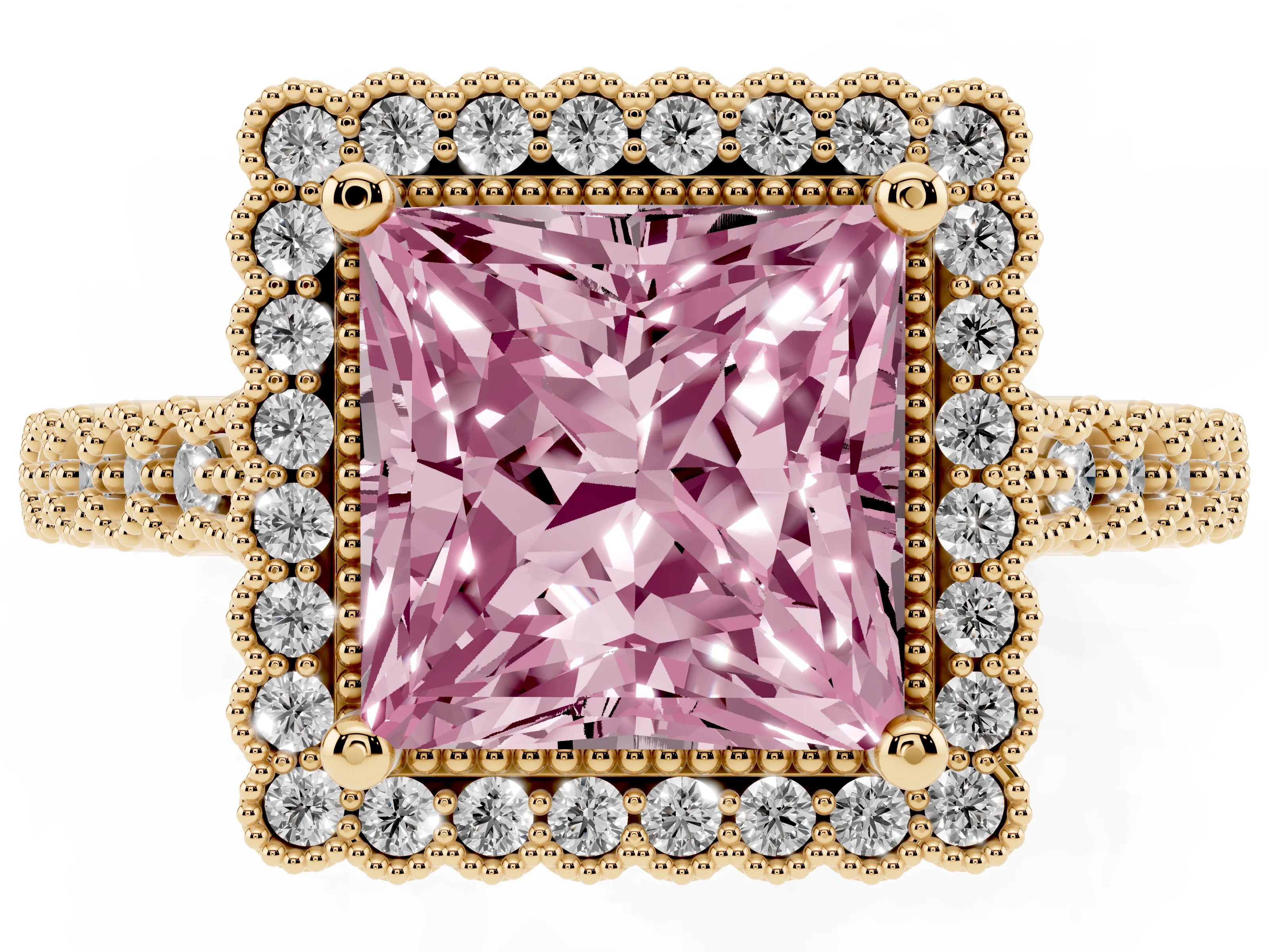 Fancy Pink Princess Cut Diamond Halo Ring Set in Yellow gold with Pavé Milgrain Band