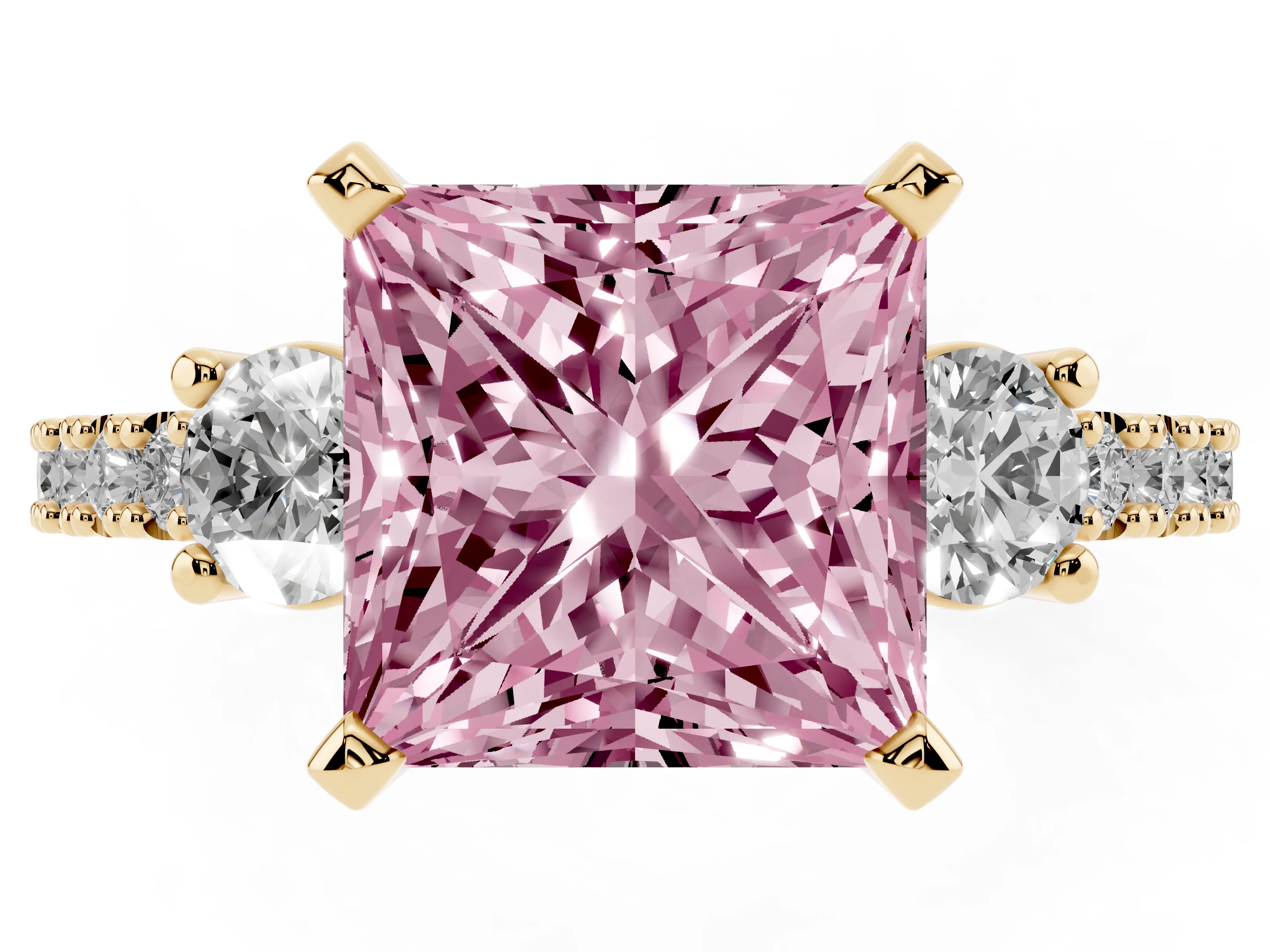 Fancy Pink Three-Stone Princess Cut Diamond Pavé Band Ring Set in Yellow gold with Prong Setting