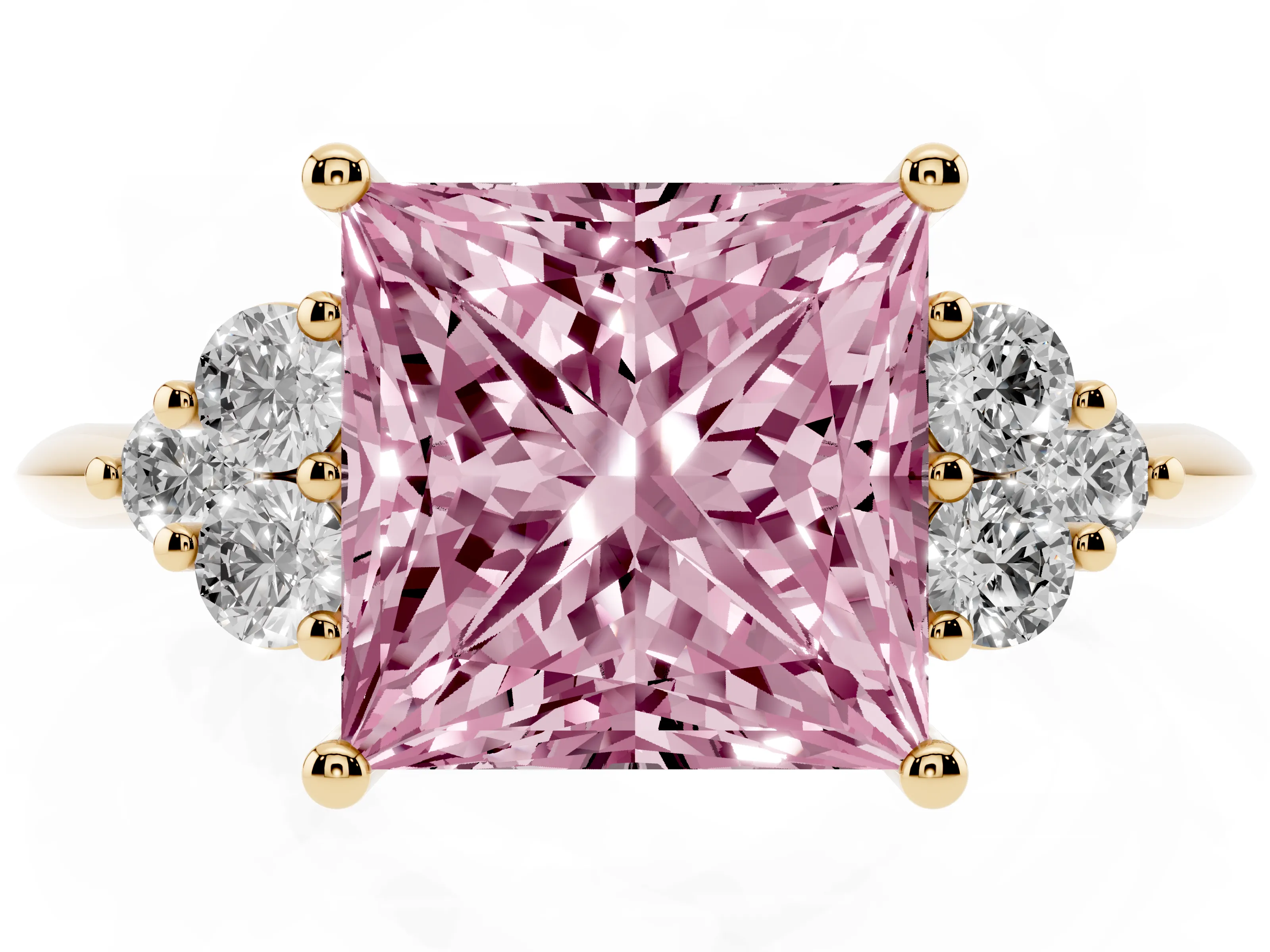Fancy Pink Princess Cut Diamond Cluster Ring Set in Yellow gold with Plain Band and Prong Setting