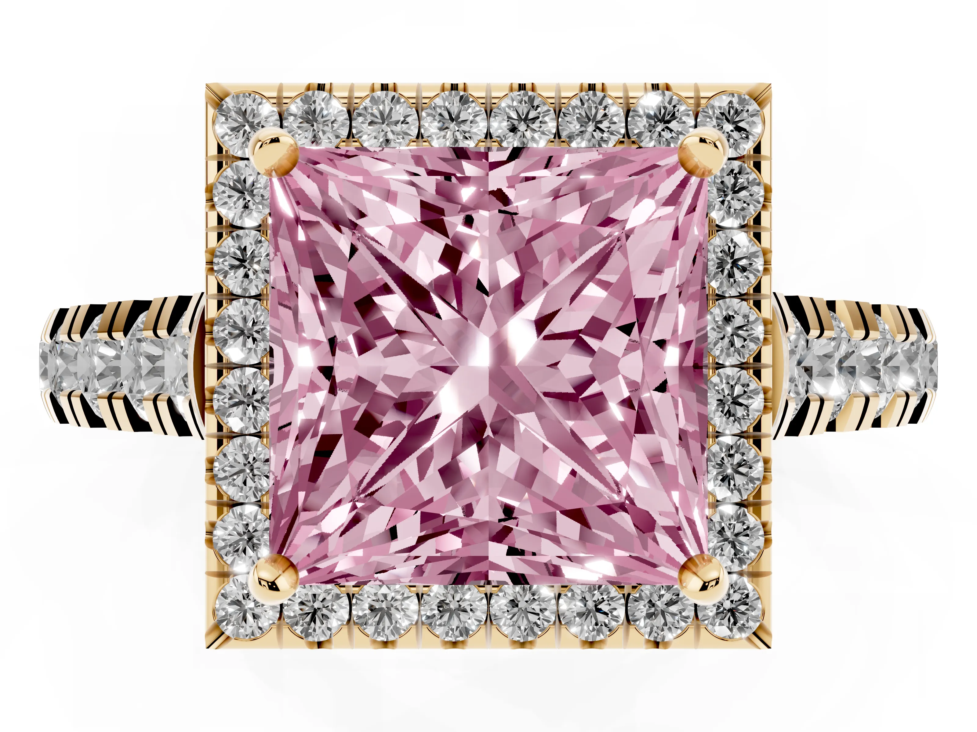 Fancy Pink Princess Cut Diamond Halo Engagement Ring Set in Yellow gold with Pavé Band and Prong-Set Center