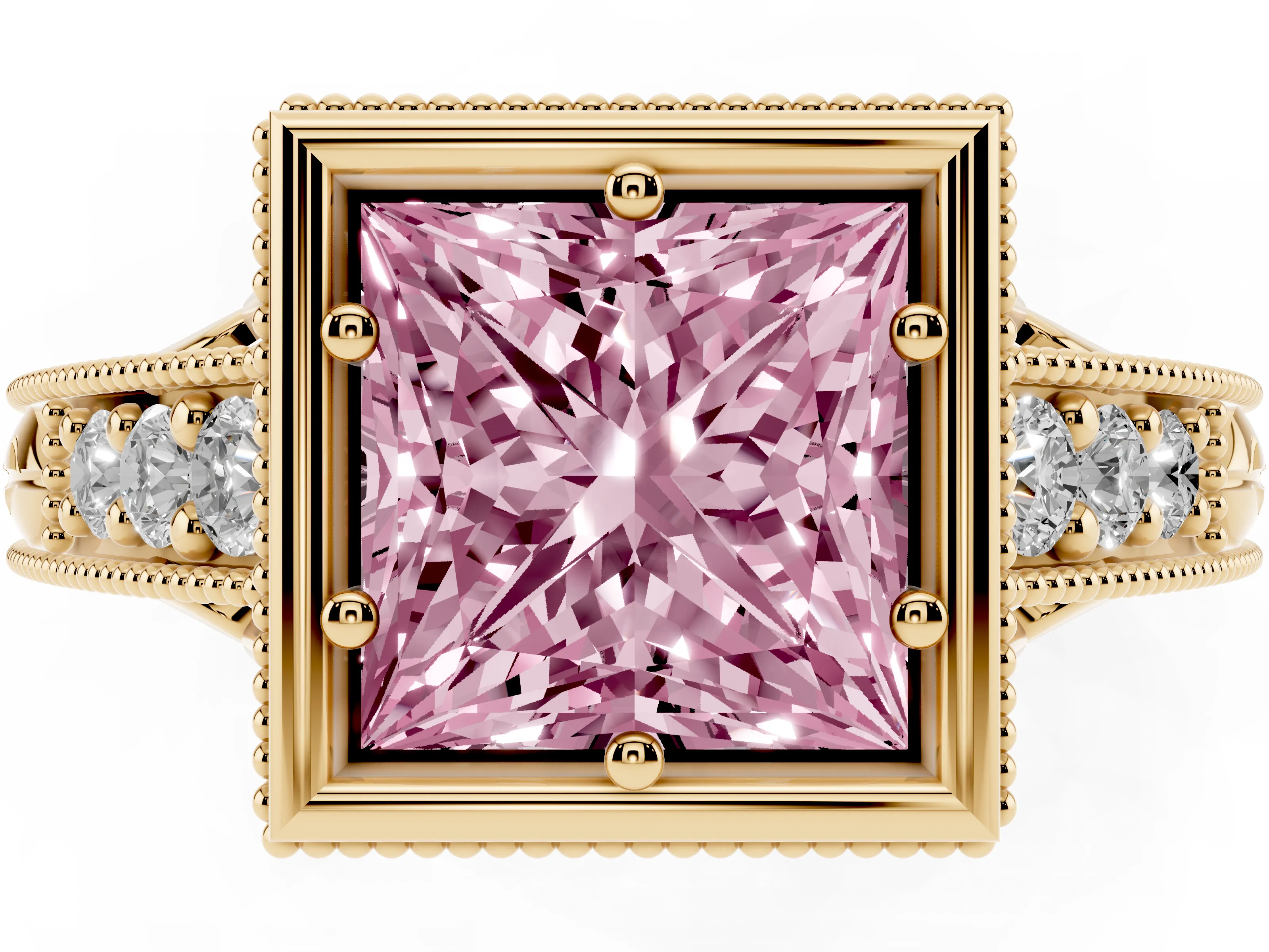 Fancy Pink Bezel Set Princess Cut Diamond Milgrain Pavé Engagement Ring Set in Yellow gold
