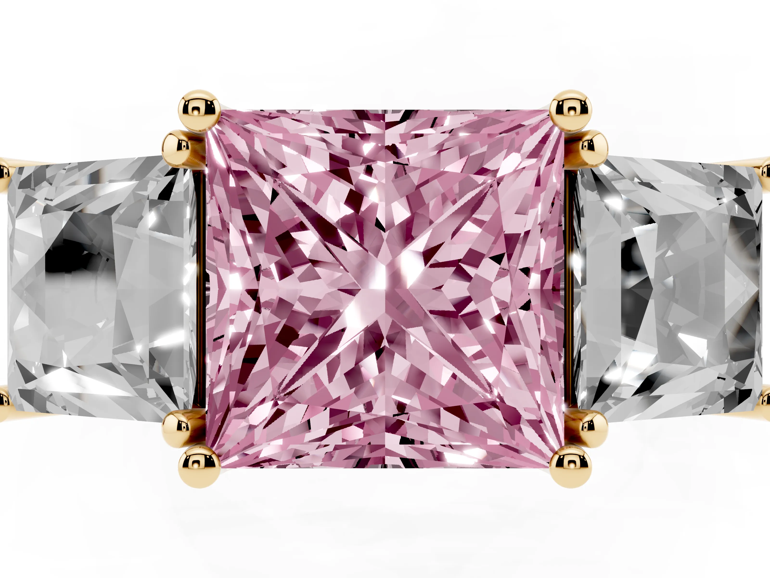 Fancy Pink Princess Cut Diamond Three-Stone Ring Set in Yellow gold with Pavé Band