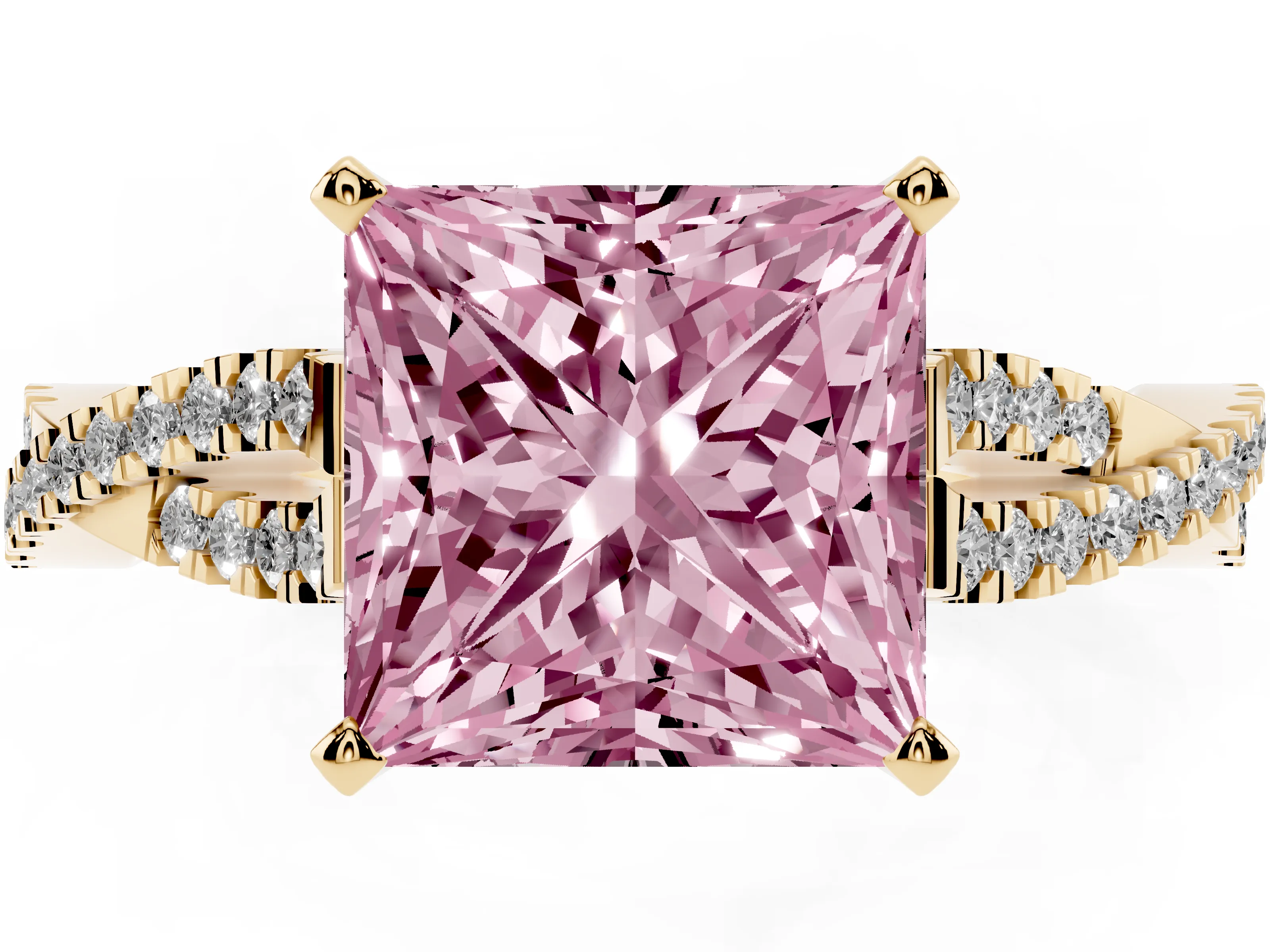 Fancy Pink Princess Cut Diamond Solitaire Engagement Ring Set in Yellow gold with Twisted Pavé Band and Prong Setting
