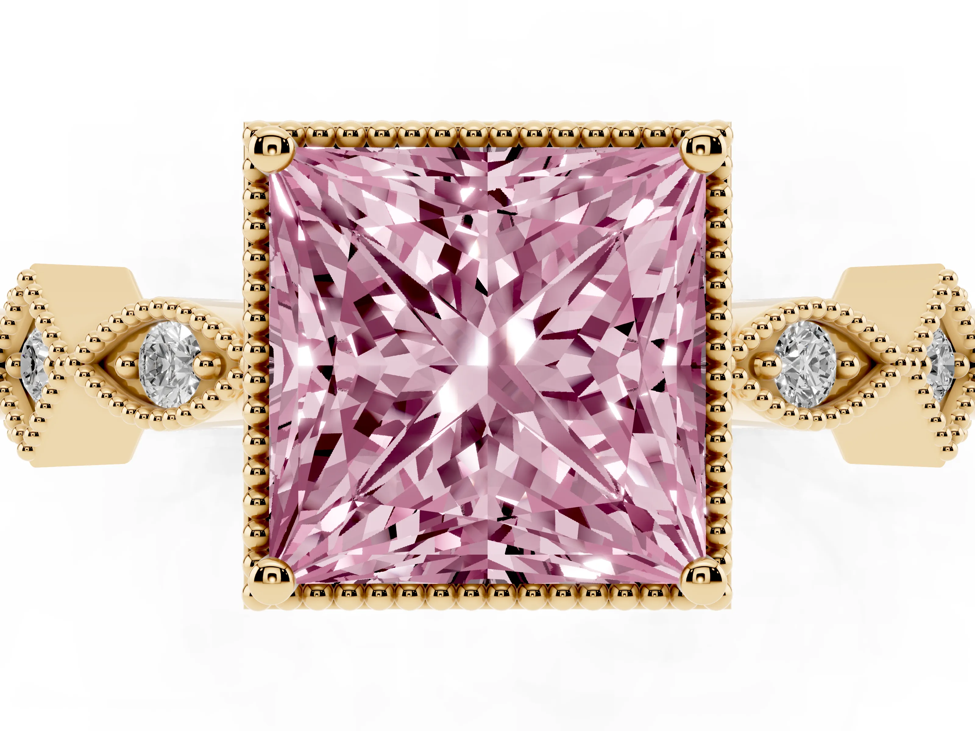 Fancy Pink Princess Cut Diamond Milgrain Marquise Twist Band Ring Set in Yellow gold with Prong Setting
