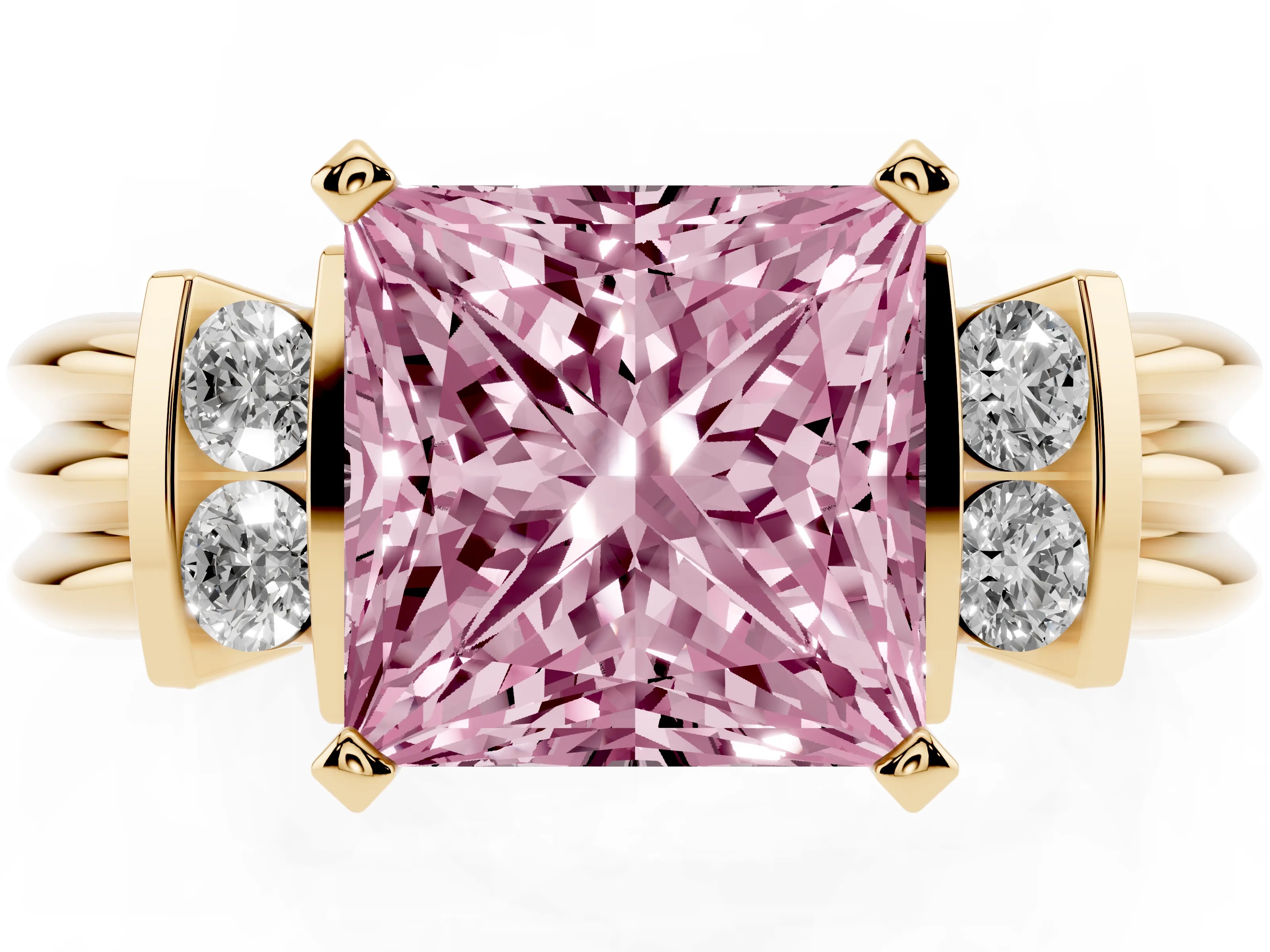 Fancy Pink Three-Stone Princess Cut Diamond Channel Set Ring Set in Yellow gold with Bar Prongs
