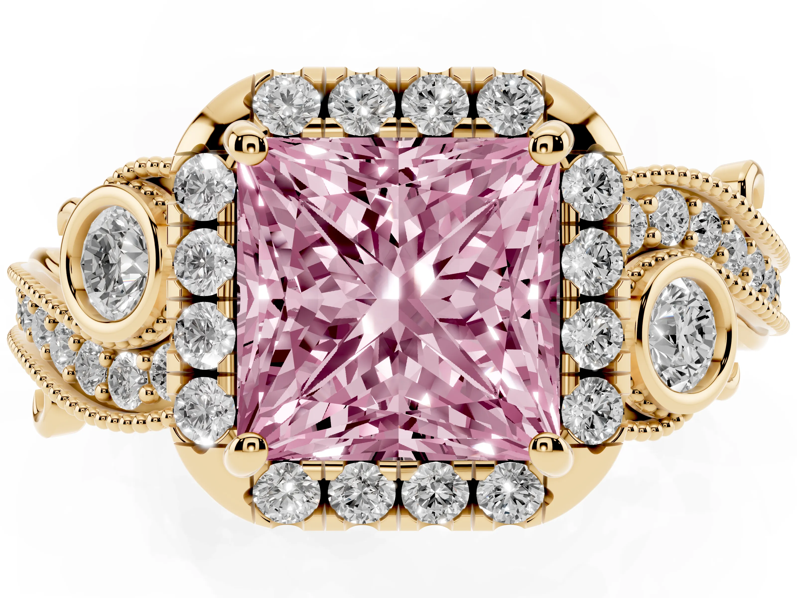 Fancy Pink Princess Cut Diamond Halo Split Shank Ring Set in Yellow gold with Milgrain and Bezel Accents