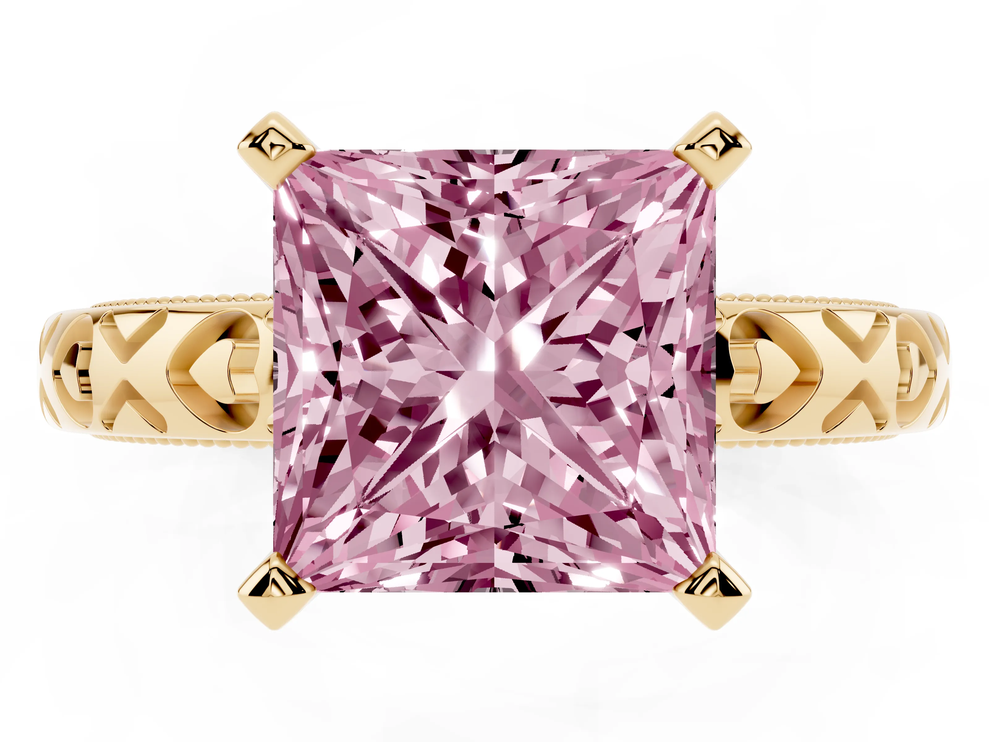 Fancy Pink Princess Cut Diamond Solitaire Engagement Ring Set in Yellow gold with XO Engraved Band and Prong Setting