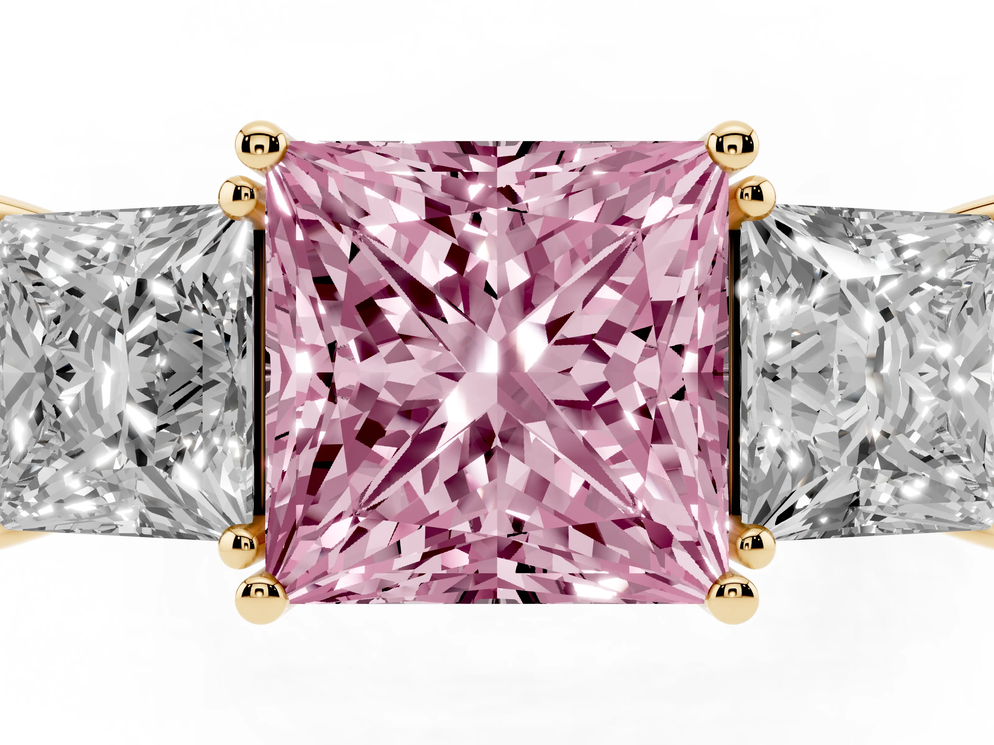 Fancy Pink Princess Cut Diamond Three-Stone Engagement Ring Set in Yellow gold with Flat Band