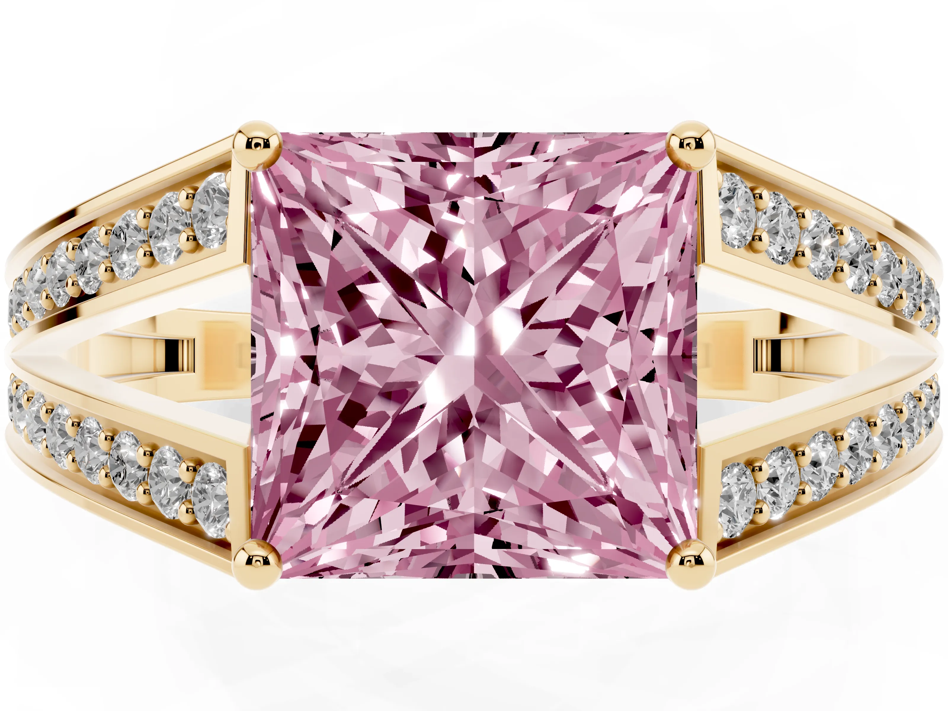 Fancy Pink Princess Cut Diamond Split Shank Ring Set in Yellow gold with Pavé Band and Prong Setting