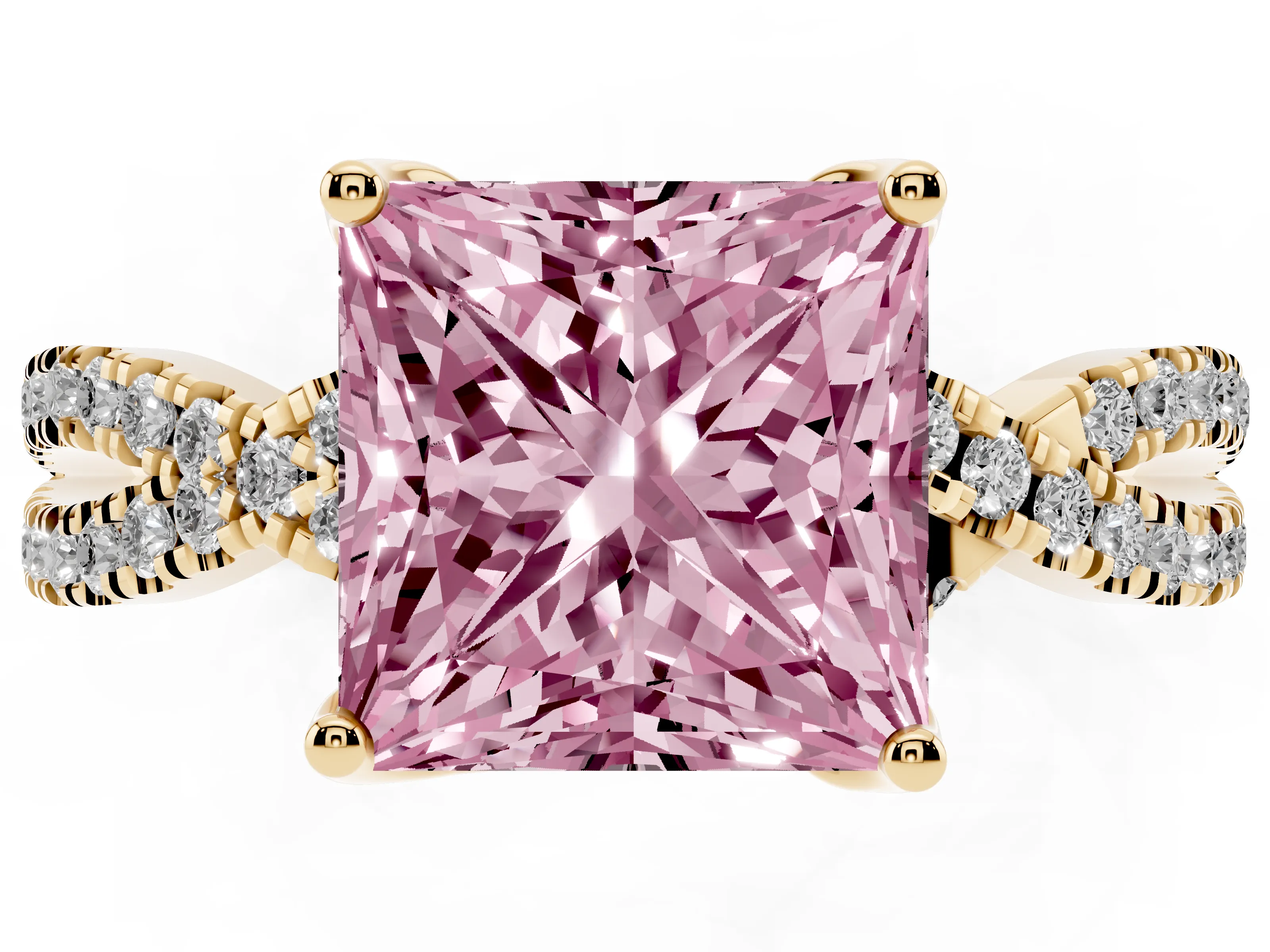 Fancy Pink Princess Cut Diamond Twist Pavé Solitaire Engagement Ring Set in Yellow gold with Prong Setting
