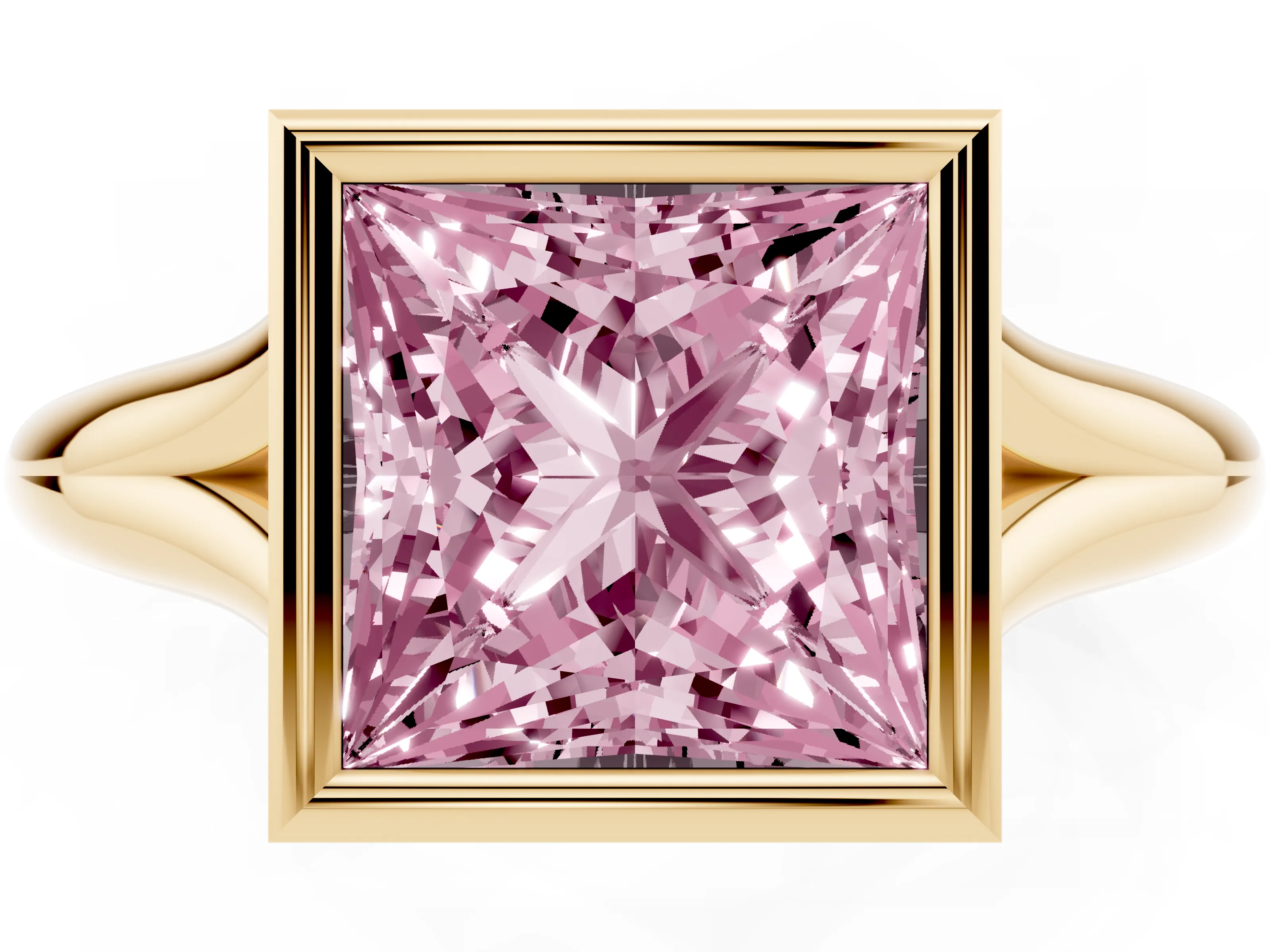 Fancy Pink Bezel Set Princess Cut Diamond Solitaire Ring Set in Yellow gold with Smooth Band