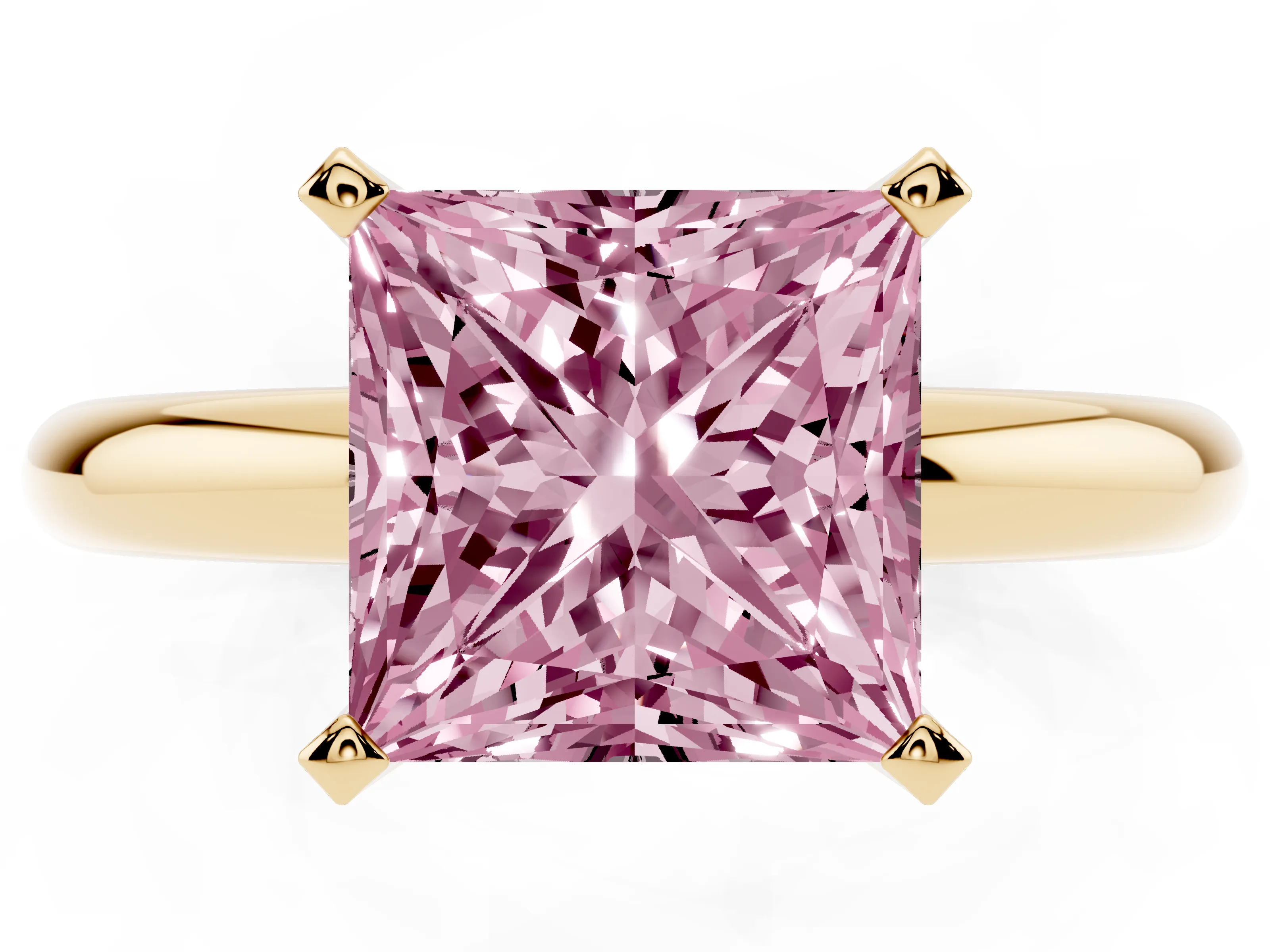 Fancy Pink Princess Cut Diamond Solitaire Engagement Ring Set in Yellow gold with Round Band and Prong Setting
