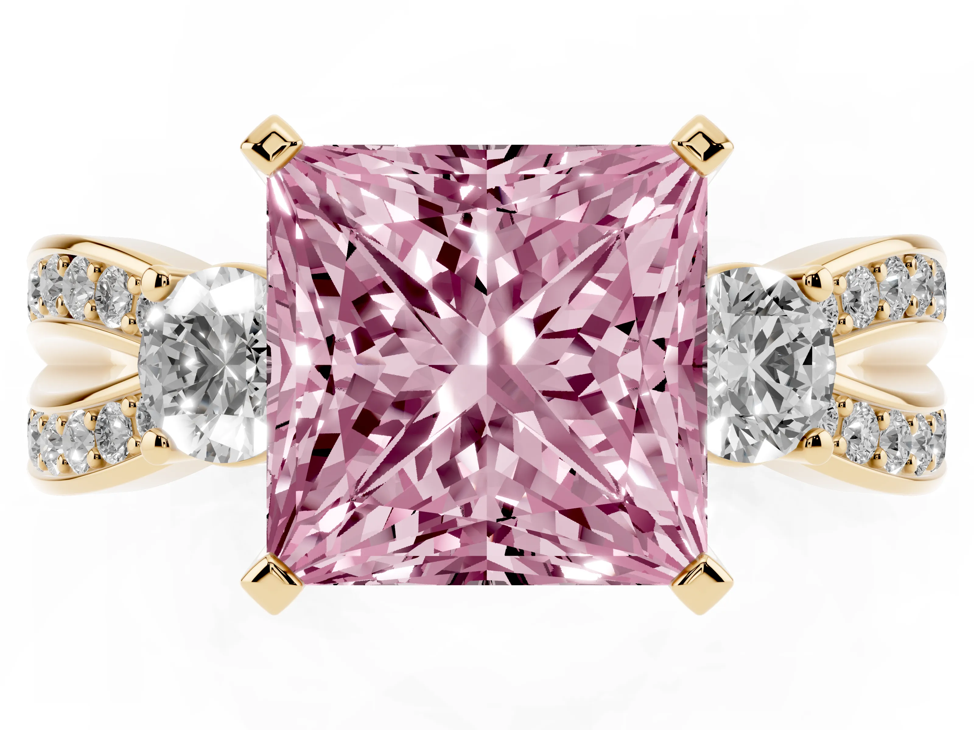 Fancy Pink Three-Stone Princess Cut Diamond Twist Band Ring Set in Yellow gold with Pavé Accents and Prong Setting