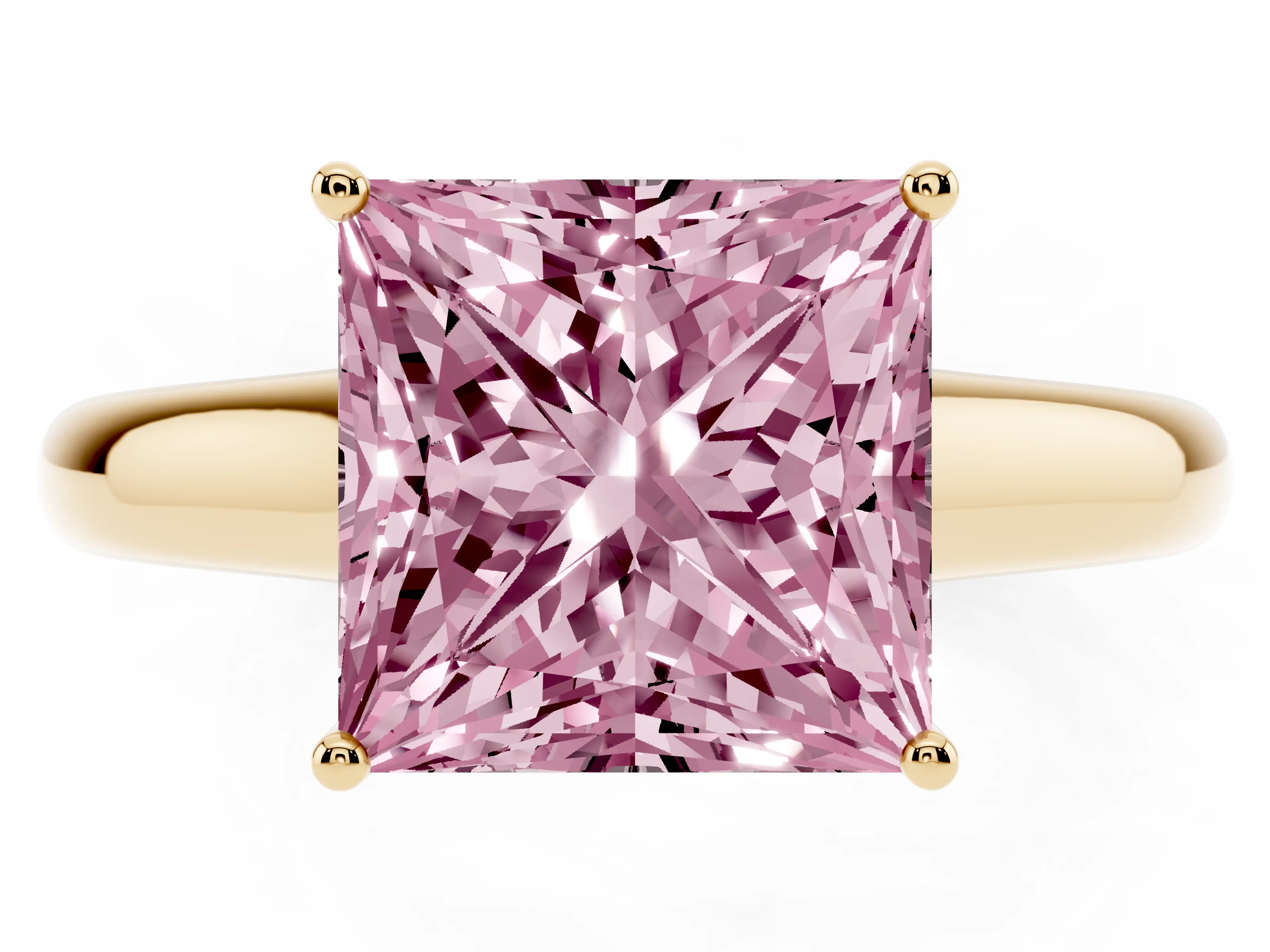 Fancy Pink Princess Cut Diamond Solitaire Engagement Ring Set in Yellow gold with Subtly Tapered Band and Prong Setting