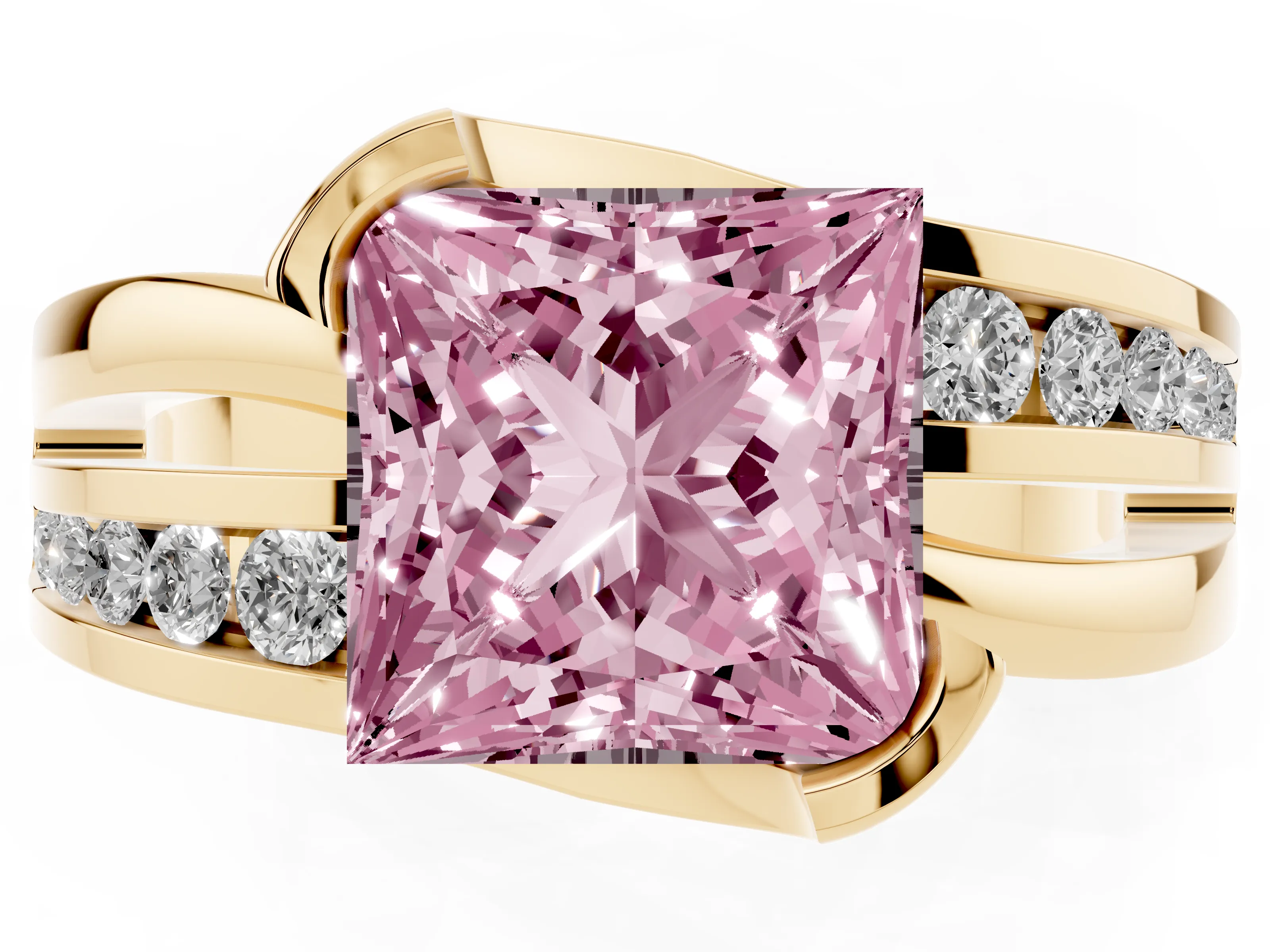 Fancy Pink Princess Cut Diamond Solitaire Ring Set in Yellow gold with Channel Set Split Shank and Tension Prongs