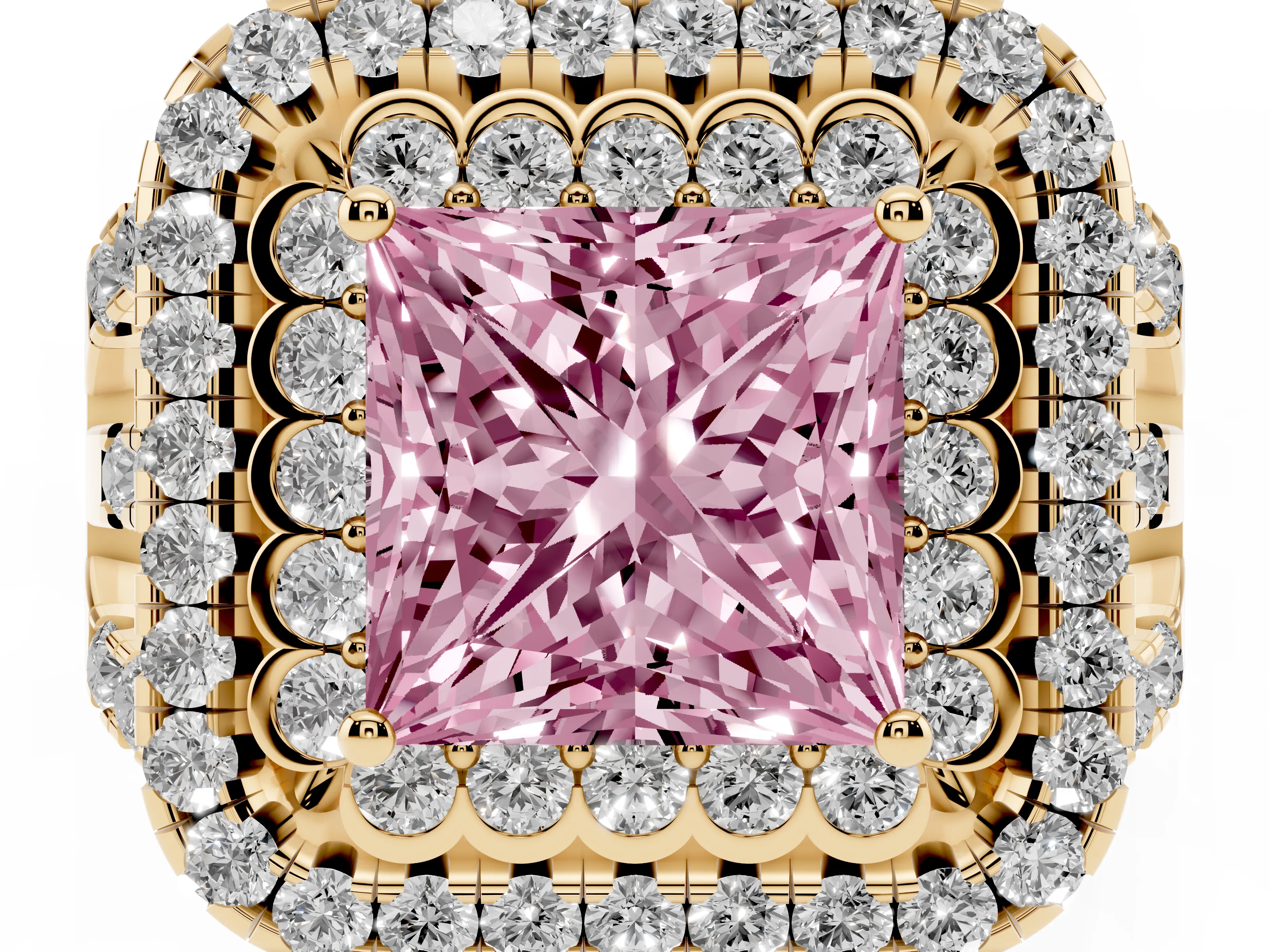 Fancy Pink Princess Cut Diamond Double Halo Ring Set in Yellow gold with Round Pavé Split Shank