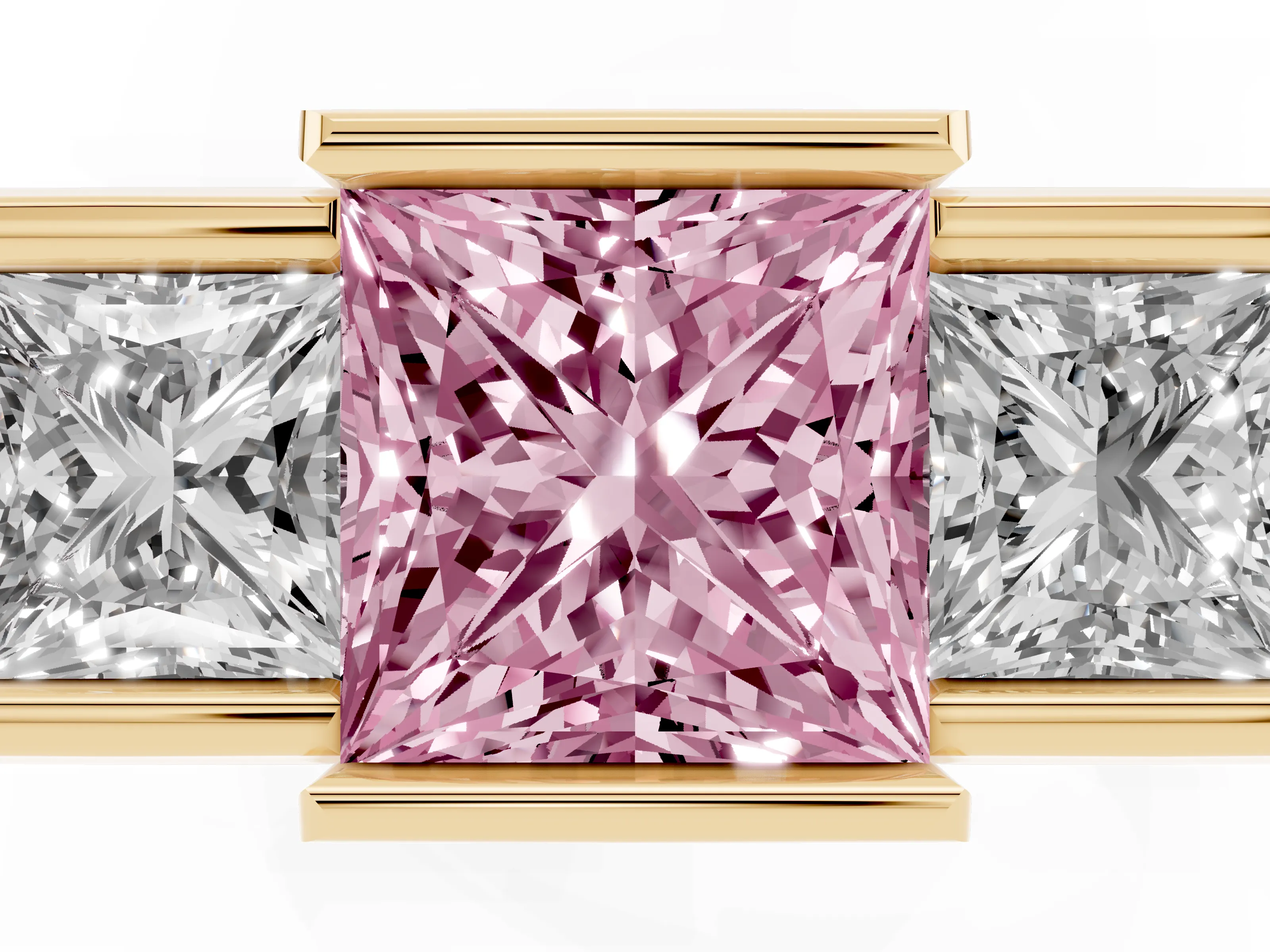 Fancy Pink Princess Cut Diamond Three-Stone Channel Set Ring Set in Yellow gold with Smooth Polished Band