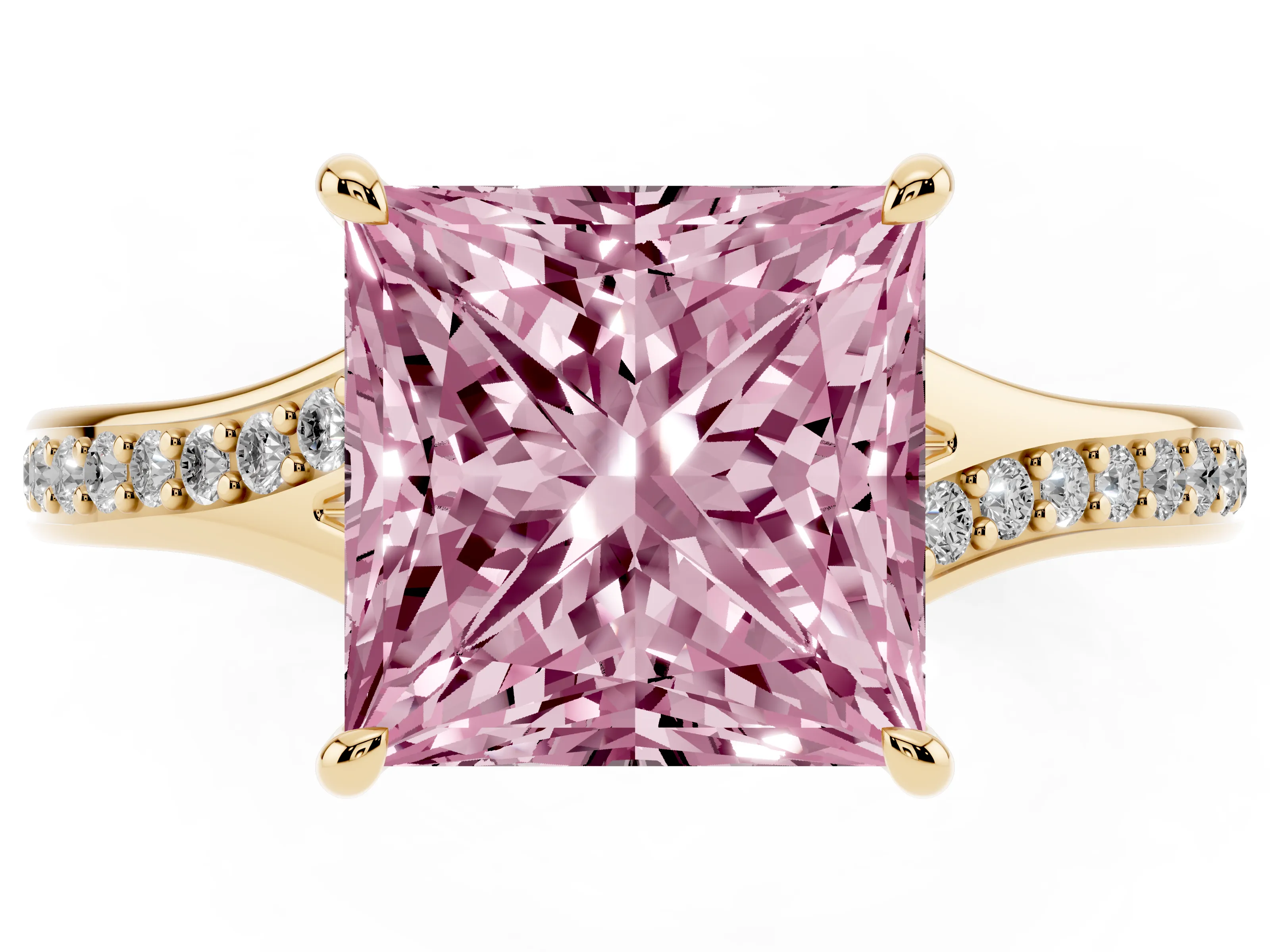 Fancy Pink Princess Cut Diamond Solitaire Ring Set in Yellow gold with Pavé Accent Band and Classic Prong Setting