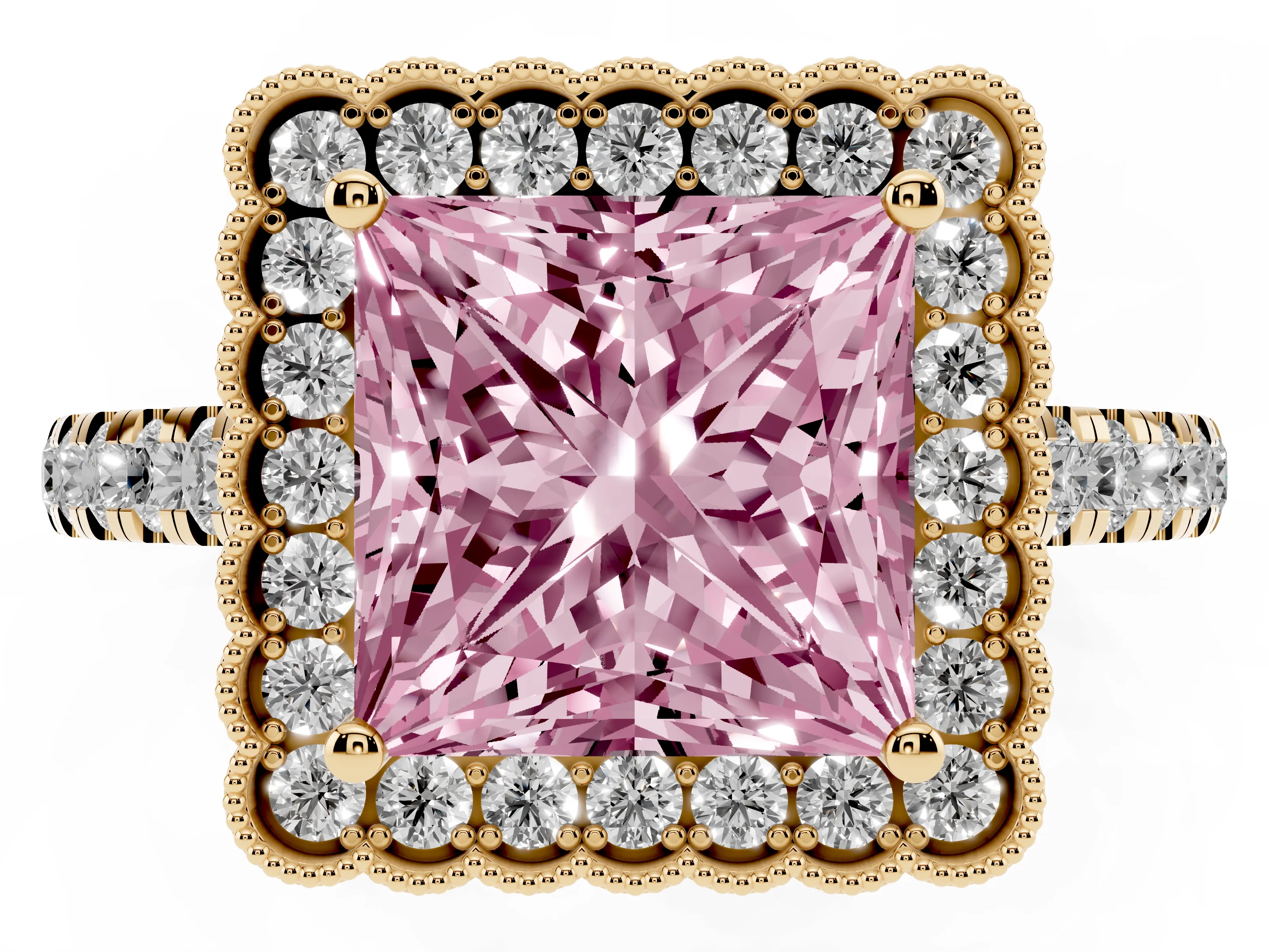 Fancy Pink Princess Cut Diamond Milgrain Floral Halo Engagement Ring Set in Yellow gold with Pavé Band