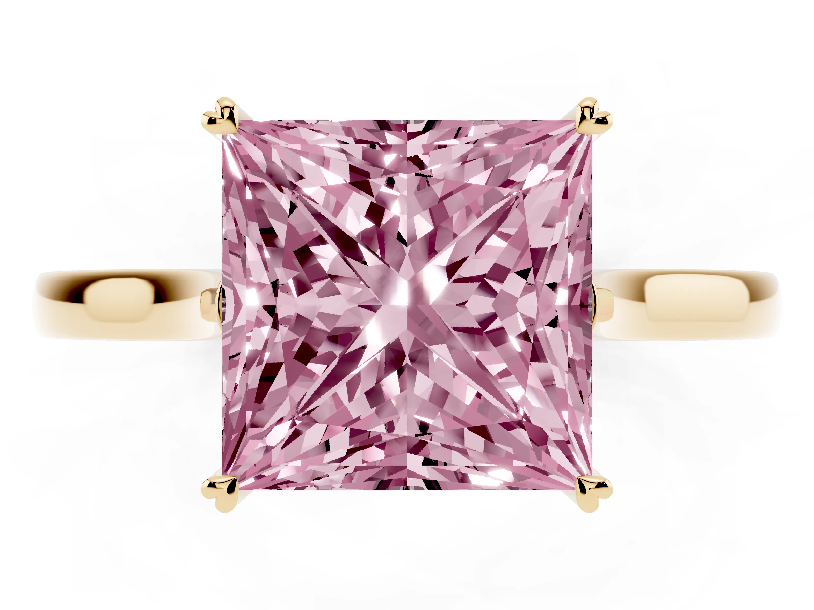 Fancy Pink Princess Cut Diamond Solitaire Heart Prong Engagement Ring Set in Yellow gold with Tapered Band