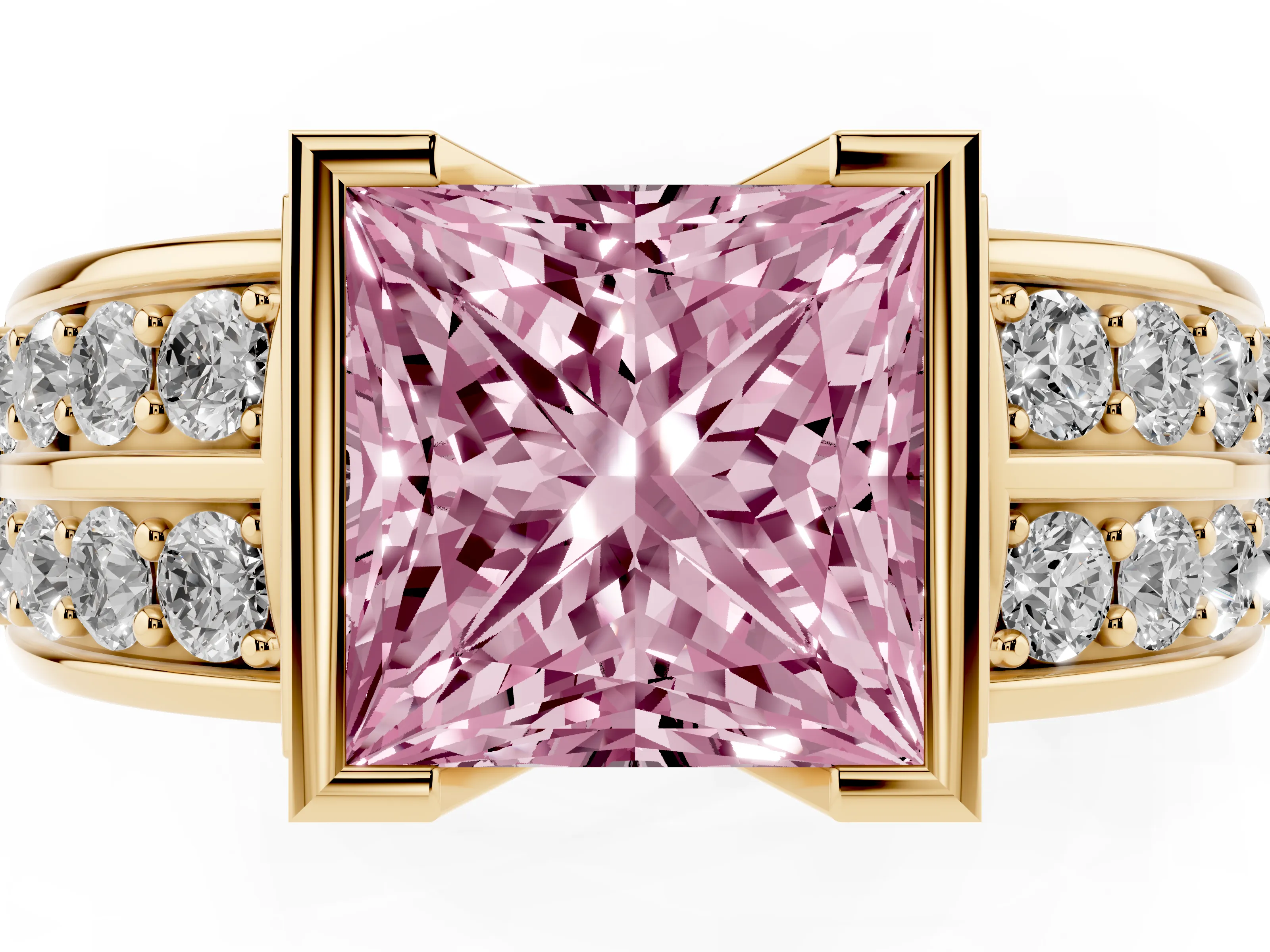 Fancy Pink Princess Cut Diamond Wide Channel Set Band Ring Set in Yellow gold with Bezel Setting