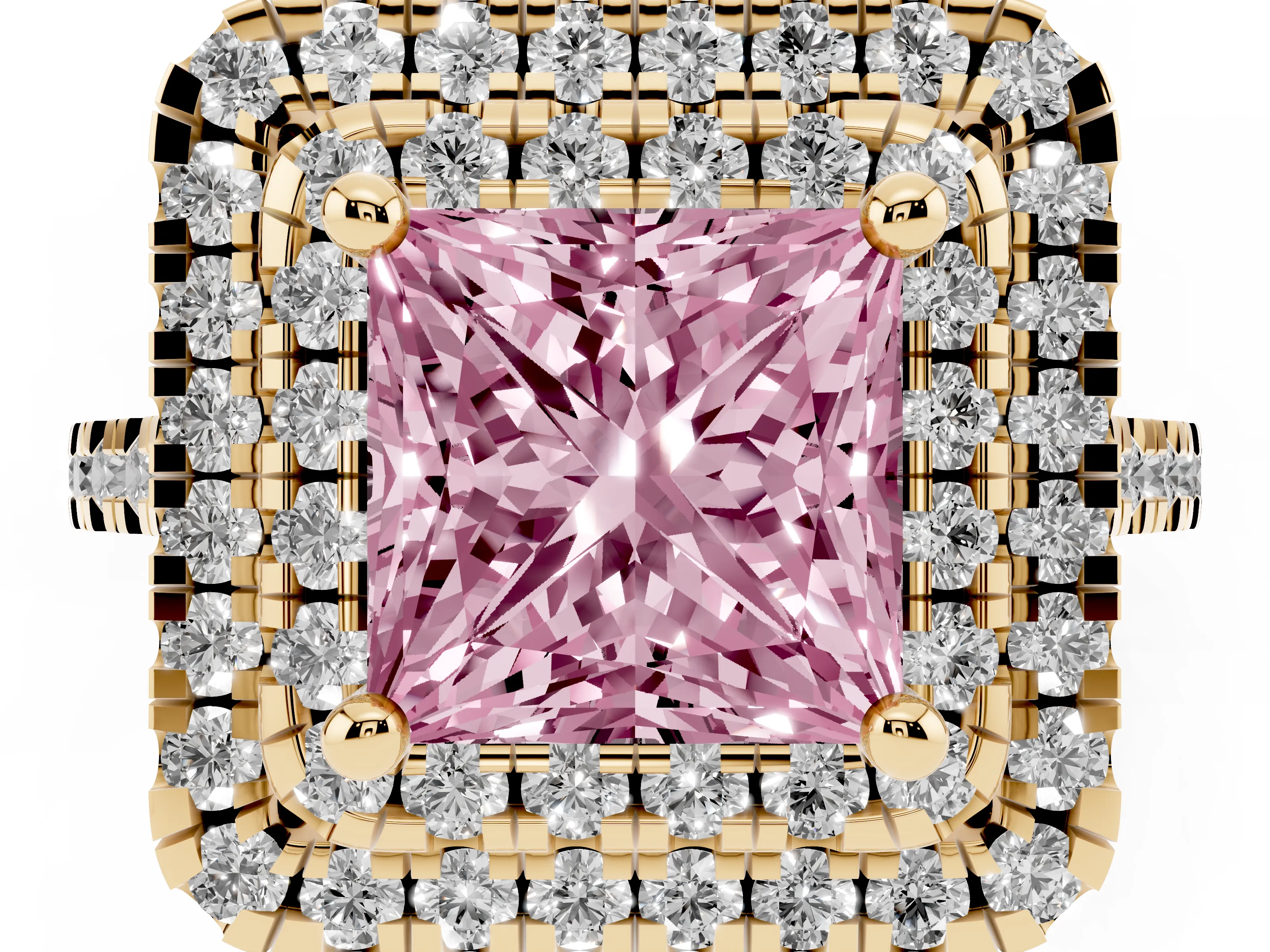Fancy Pink Princess Cut Diamond Double Halo Statement Ring Set in Yellow gold with Pavé Band