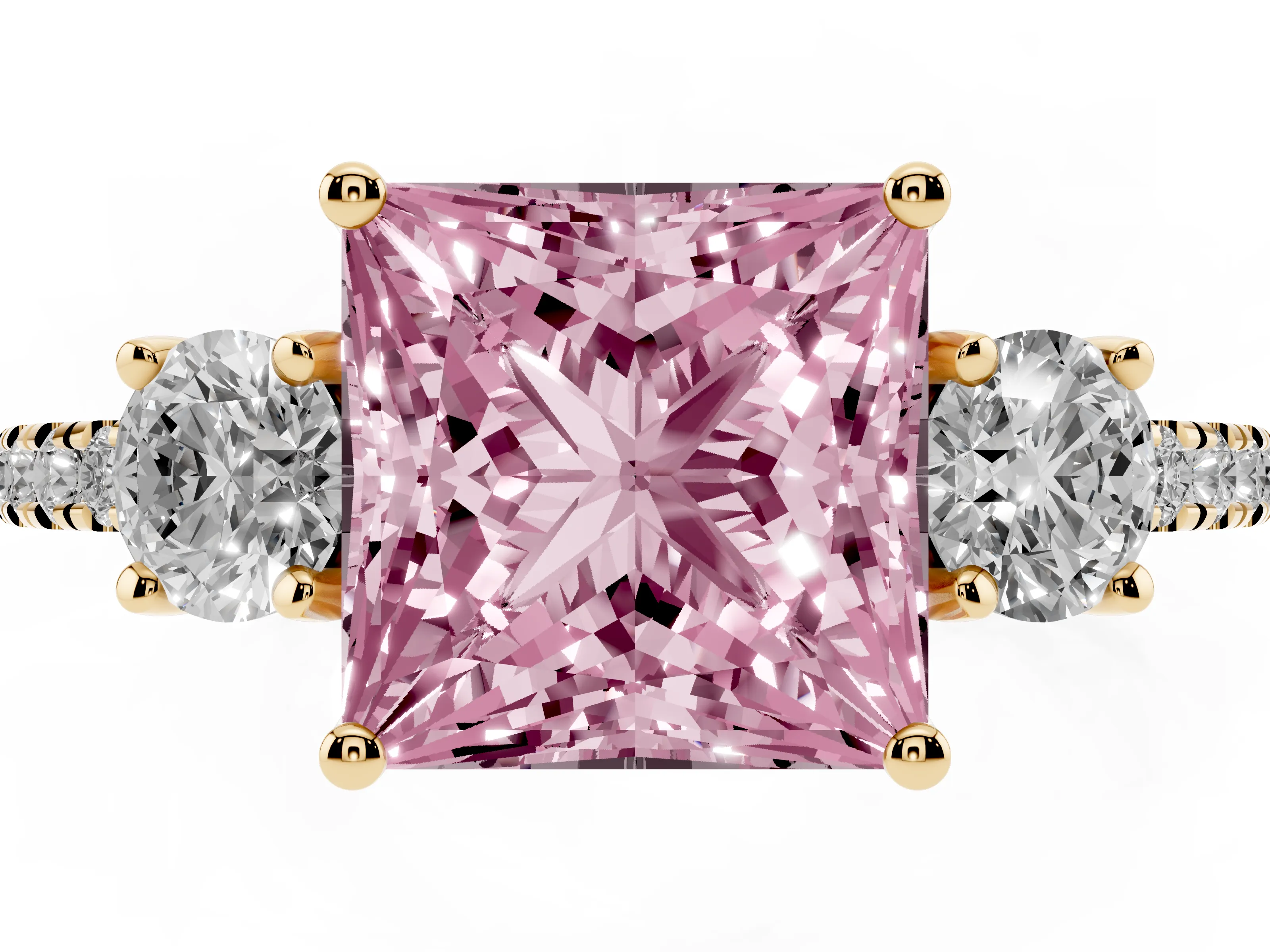 Fancy Pink Princess Cut Diamond Three-Stone Ring Set in Yellow gold with Pavé Band and Graduated Sides
