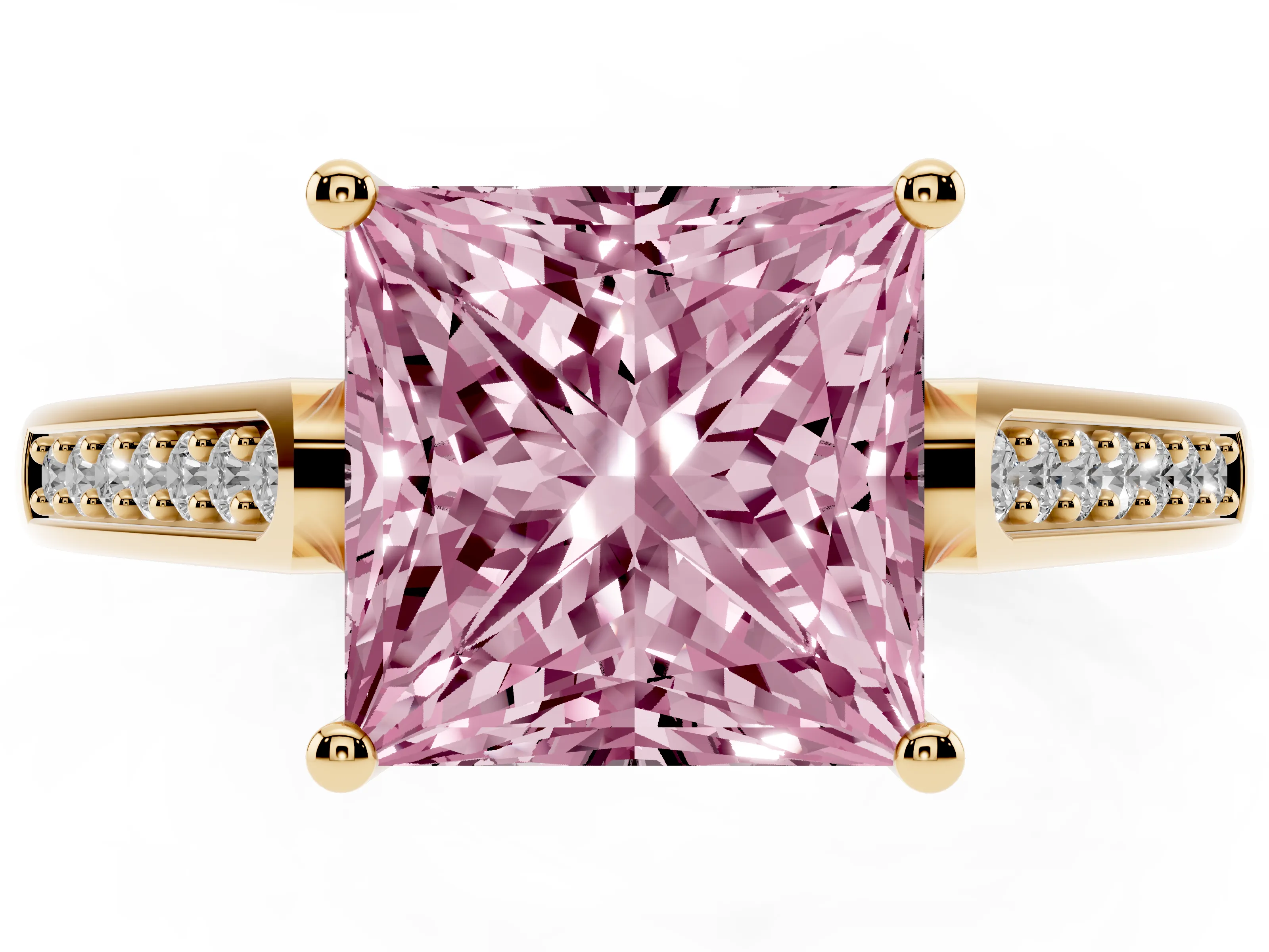Fancy Pink Princess Cut Diamond Solitaire Cathedral Engagement Ring Set in Yellow gold with Channel-Set Band and Prong Setting