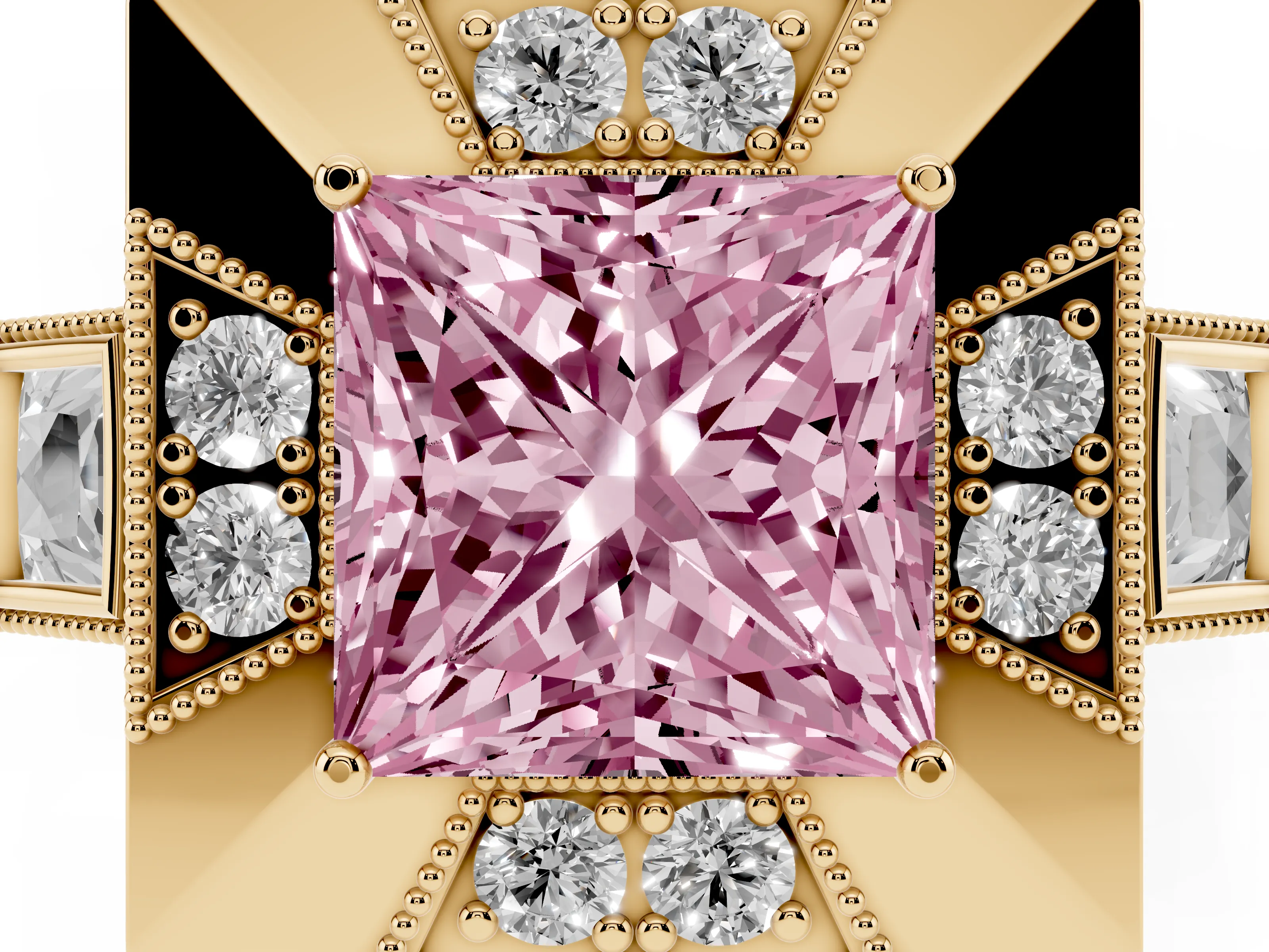 Fancy Pink Princess Cut Diamond Milgrain Halo Ring Set in Yellow gold with Split Shank