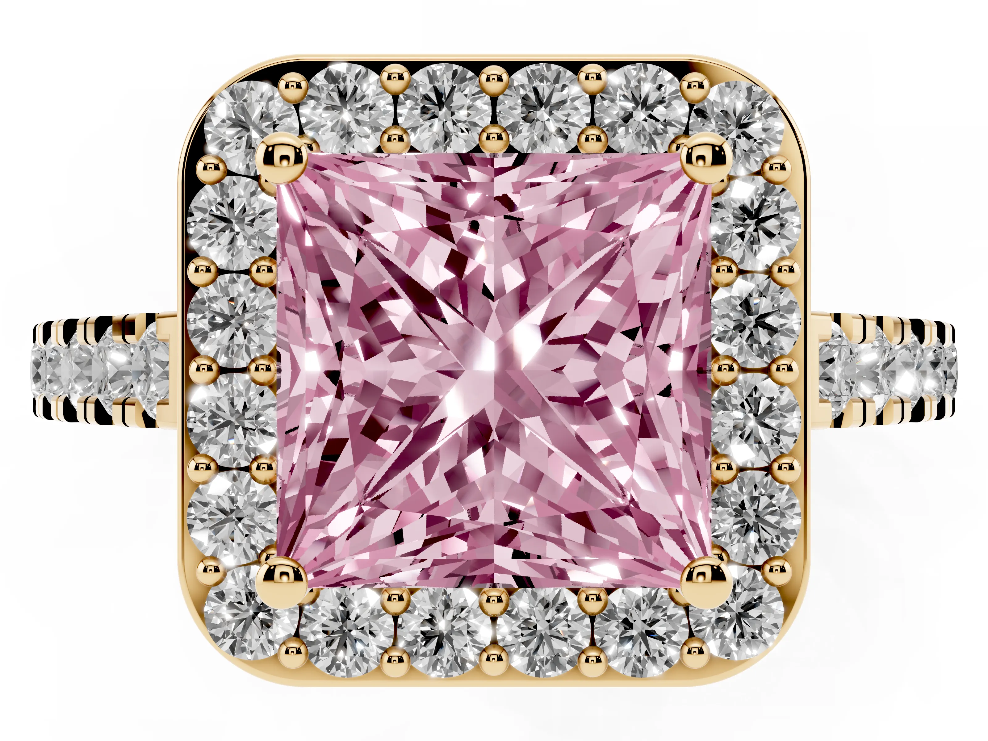 Fancy Pink Princess Cut Diamond Halo Ring Set in Yellow gold with Round Pavé Split Shank and Prong Setting