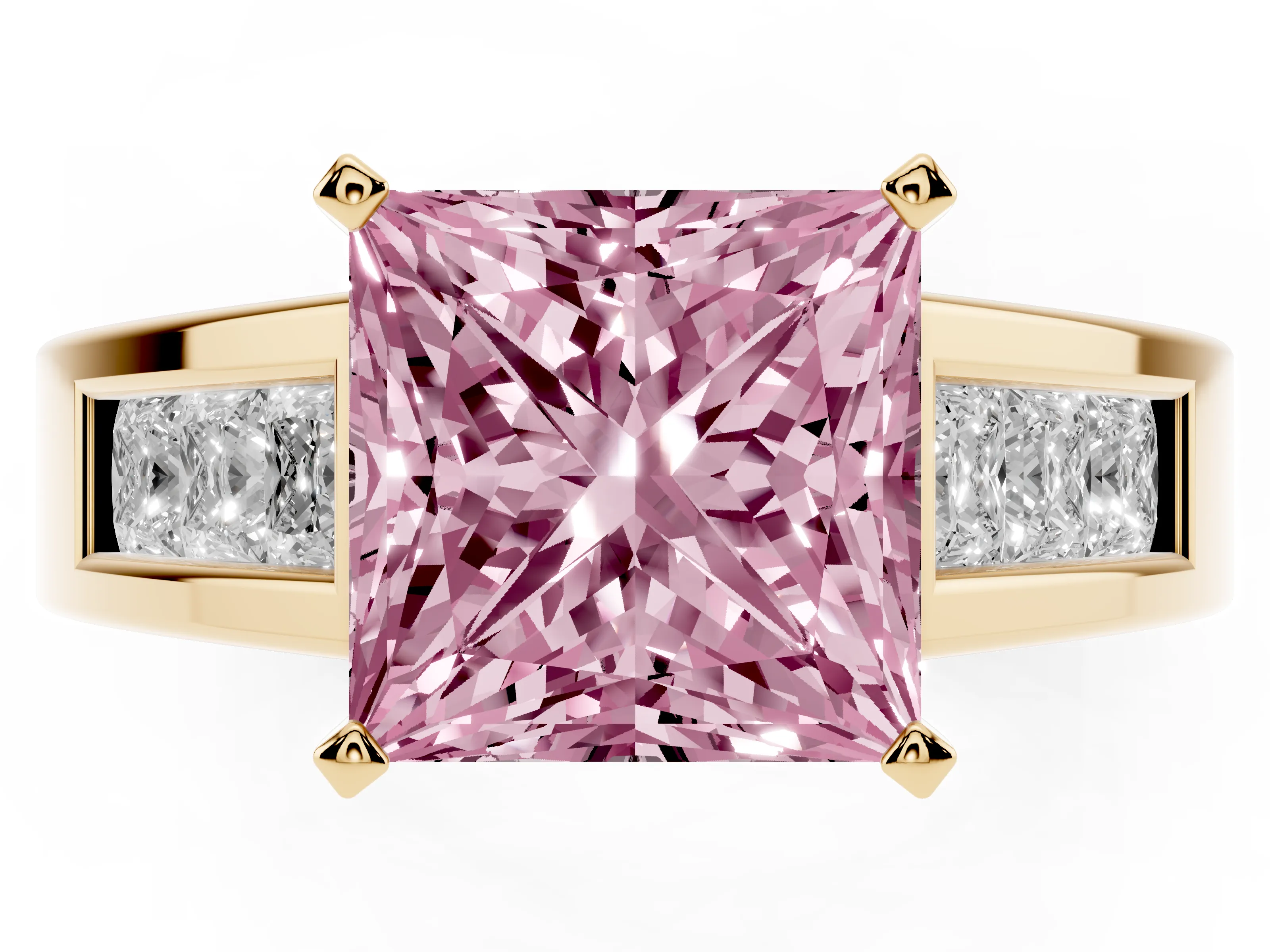 Fancy Pink Princess Cut Diamond Solitaire Ring Set in Yellow gold with Channel-Set Accent Stones and Prong Setting