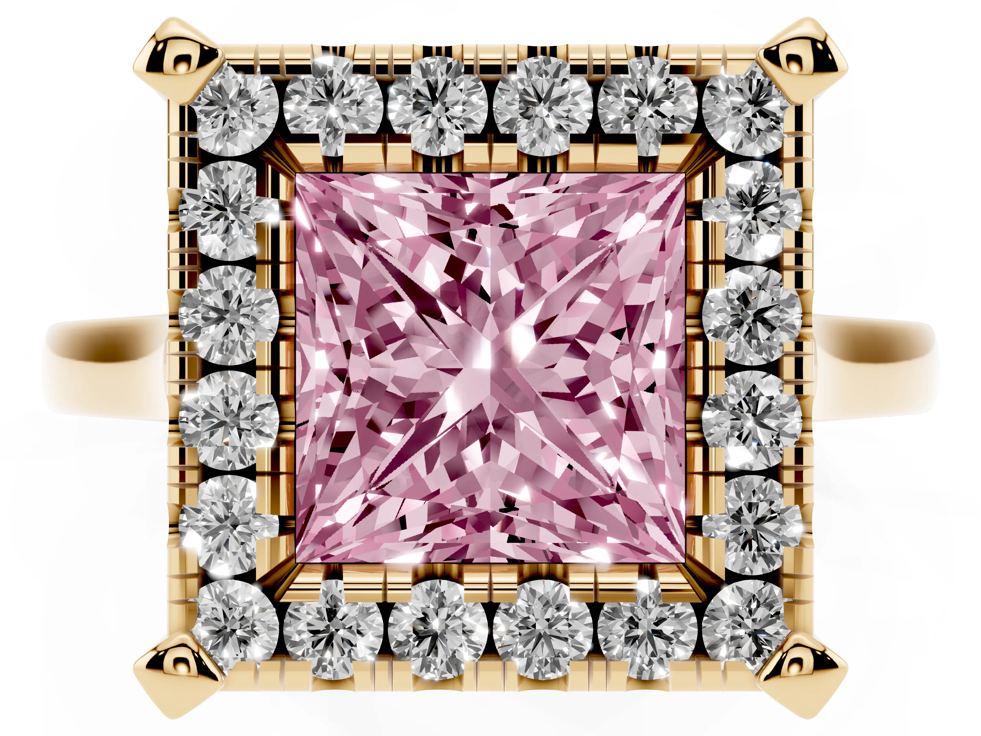Fancy Pink Princess Cut Diamond Cluster Halo Solitaire Ring Set in Yellow gold with Prong Setting