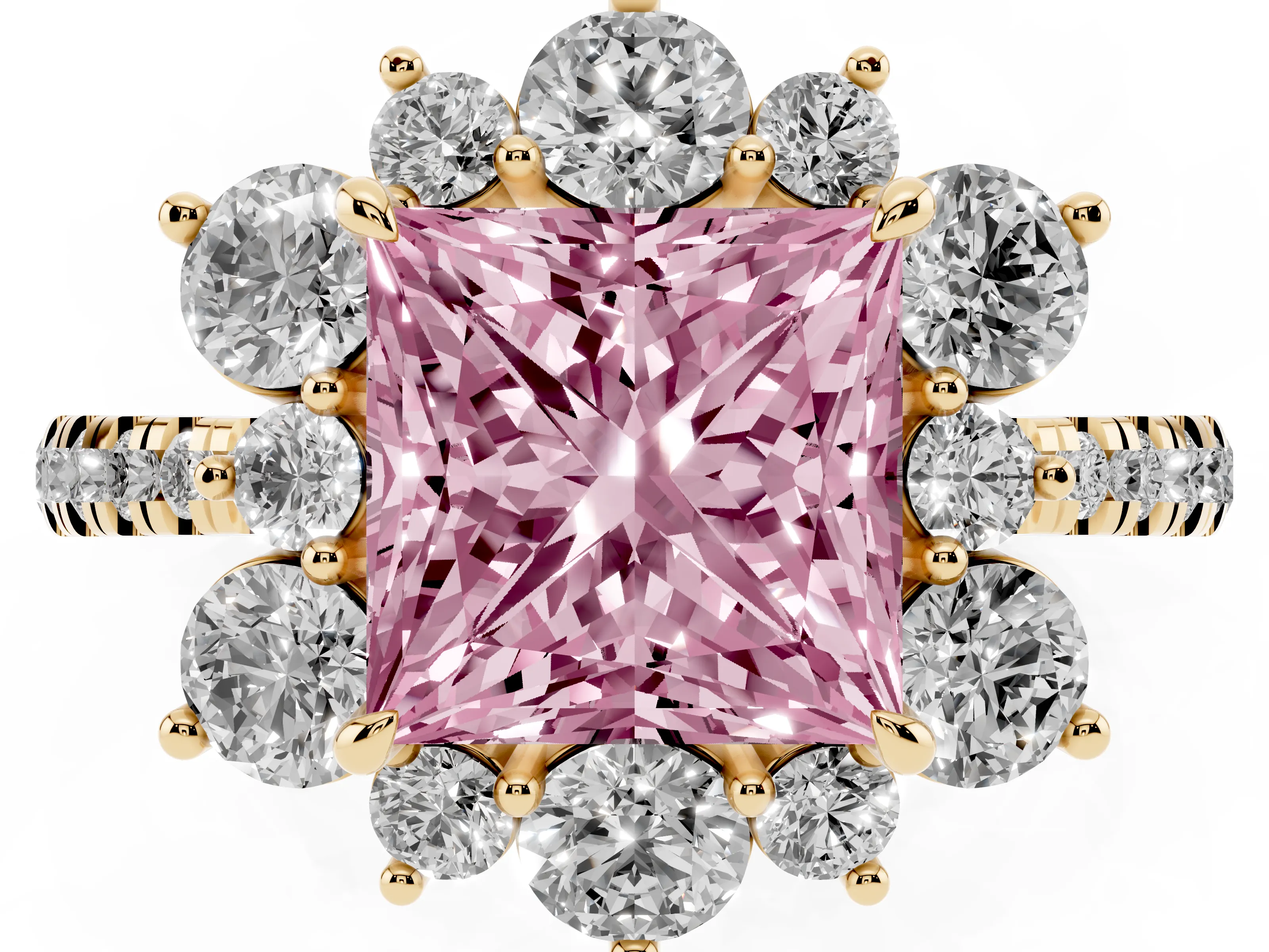 Fancy Pink Princess Cut Diamond Floral Halo Ring Set in Yellow gold with Round Pavé Band and Prong Setting