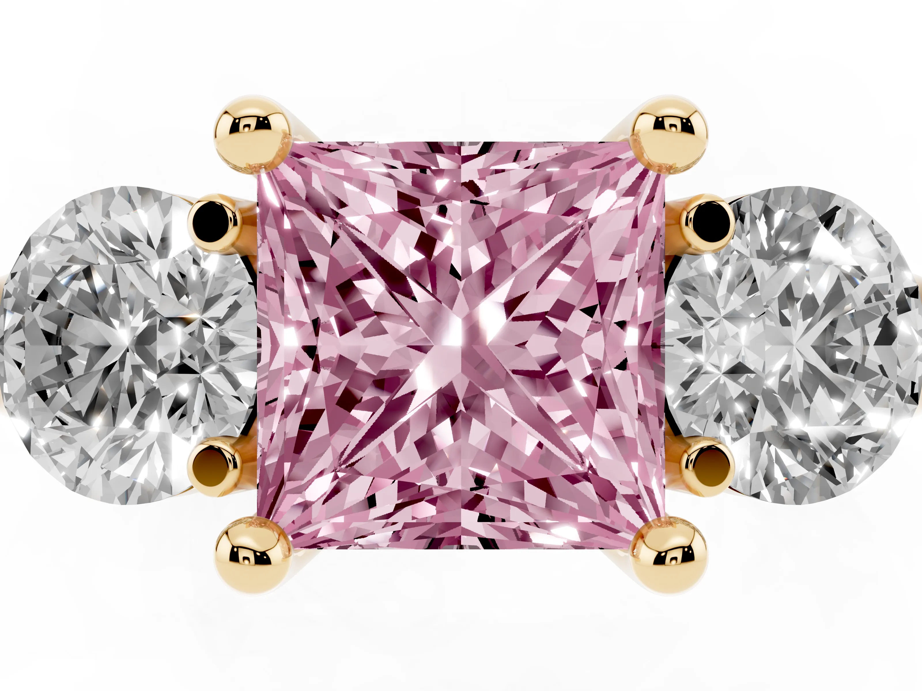 Fancy Pink Princess Cut Diamond Three-Stone Ring Set in Yellow gold with Prong Setting and Classic Band