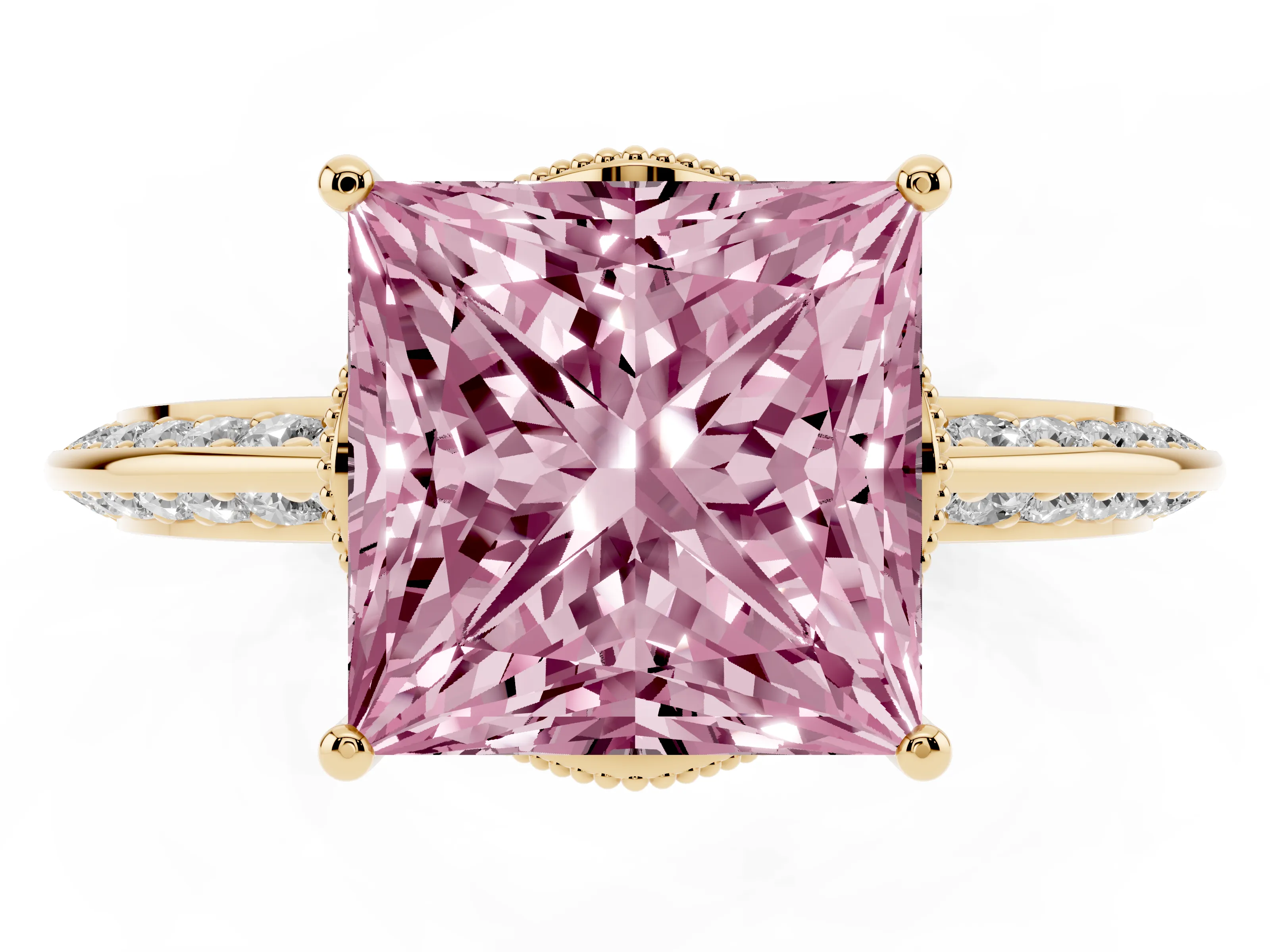 Fancy Pink Princess Cut Diamond Solitaire Engagement Ring Set in Yellow gold with Pavé Split Shank and Prong Setting