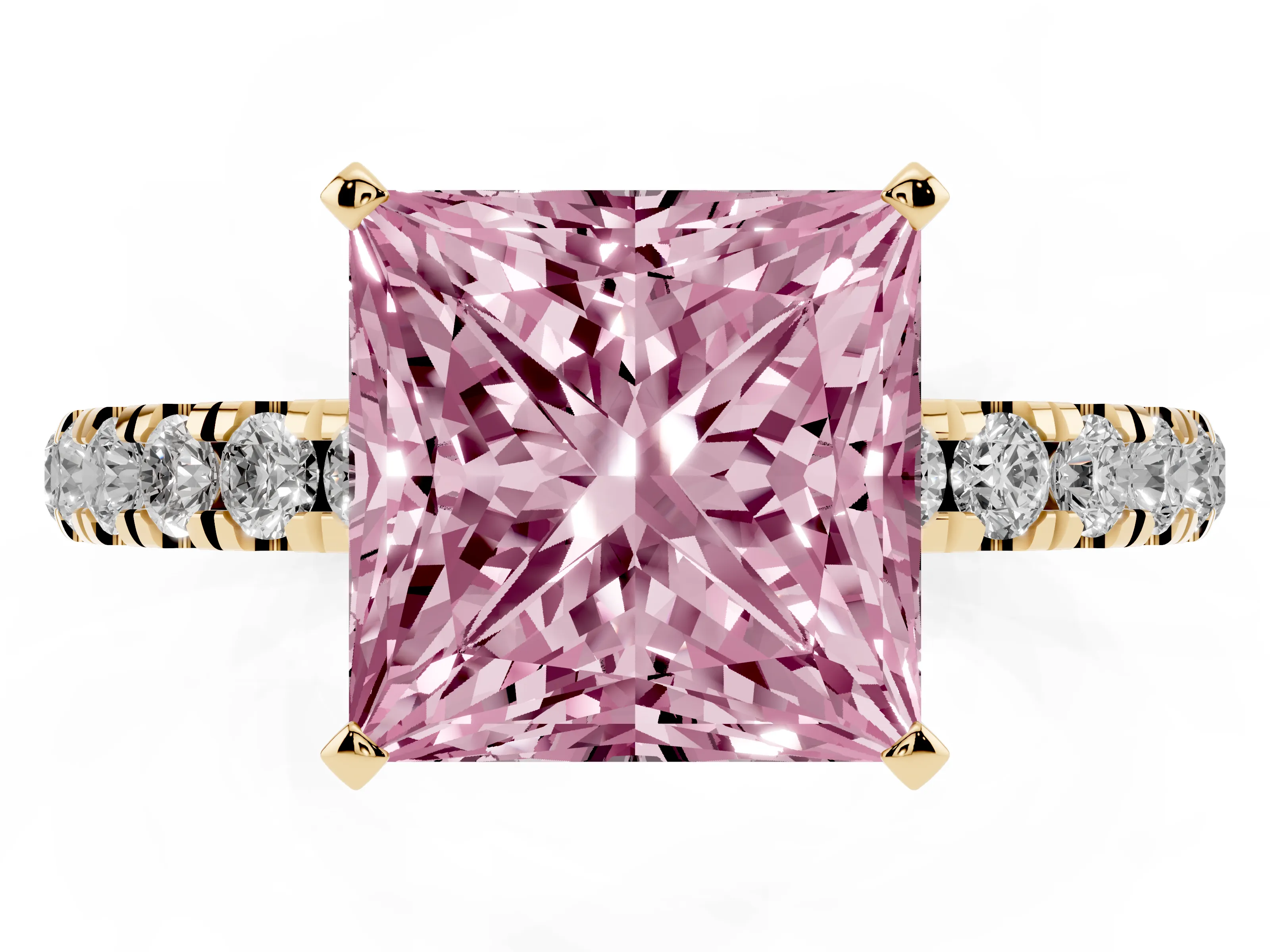 Fancy Pink Princess Cut Diamond Solitaire Ring Set in Yellow gold with Pavé Accents and Prong Setting