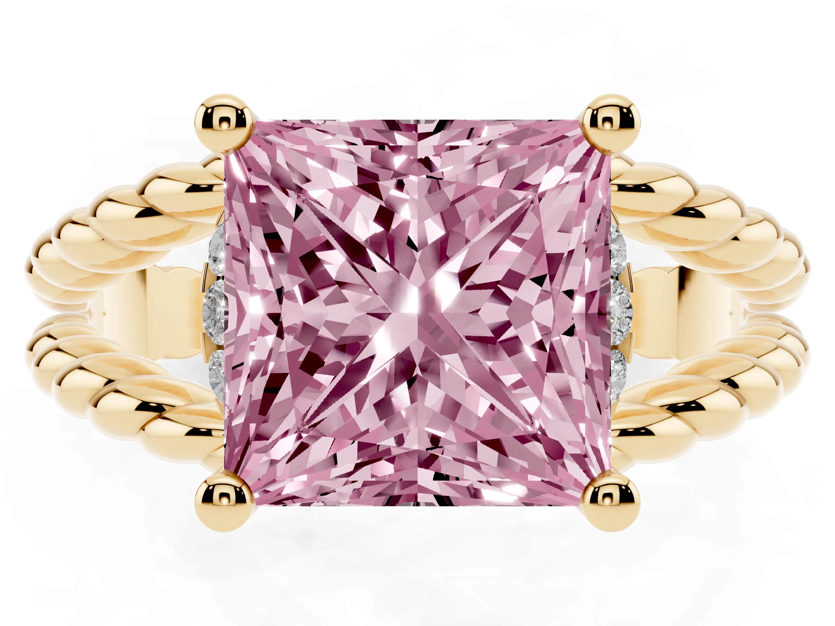 Fancy Pink Princess Cut Diamond Halo Ring Set in Yellow gold with Twisted Band and Prong Setting