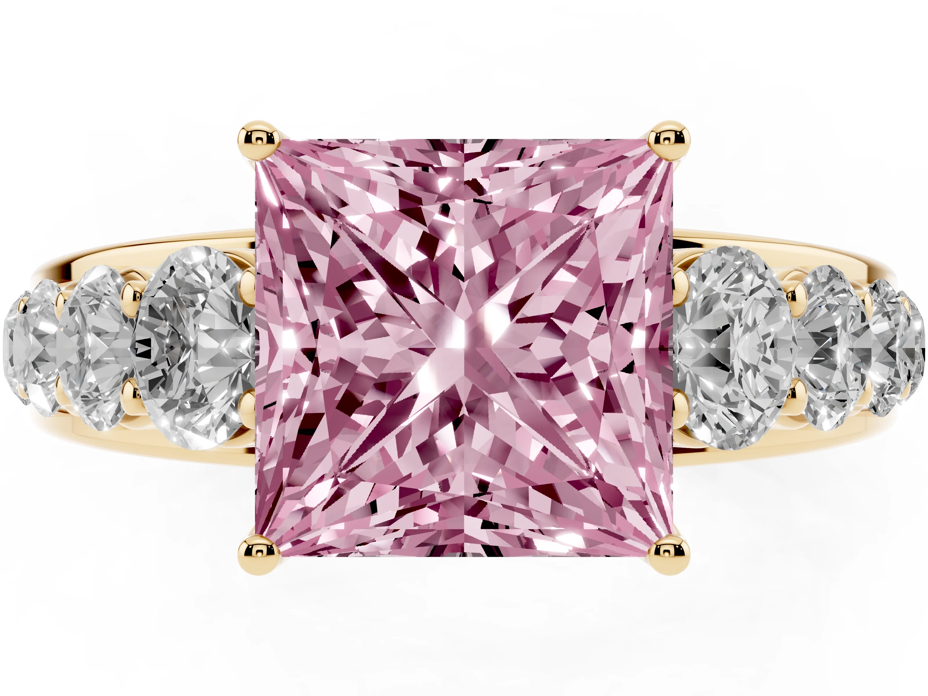 Fancy Pink Princess Cut Diamond Solitaire Ring Set in Yellow gold with Pavé-Set Band and Prong Setting