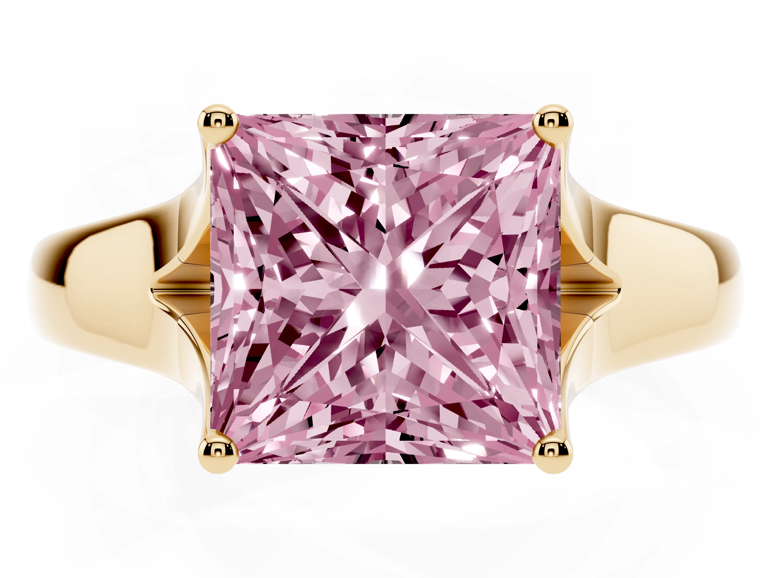 Fancy Pink Princess Cut Diamond Solitaire Ring Set in Yellow gold with Arched Cathedral Band and Prong Setting