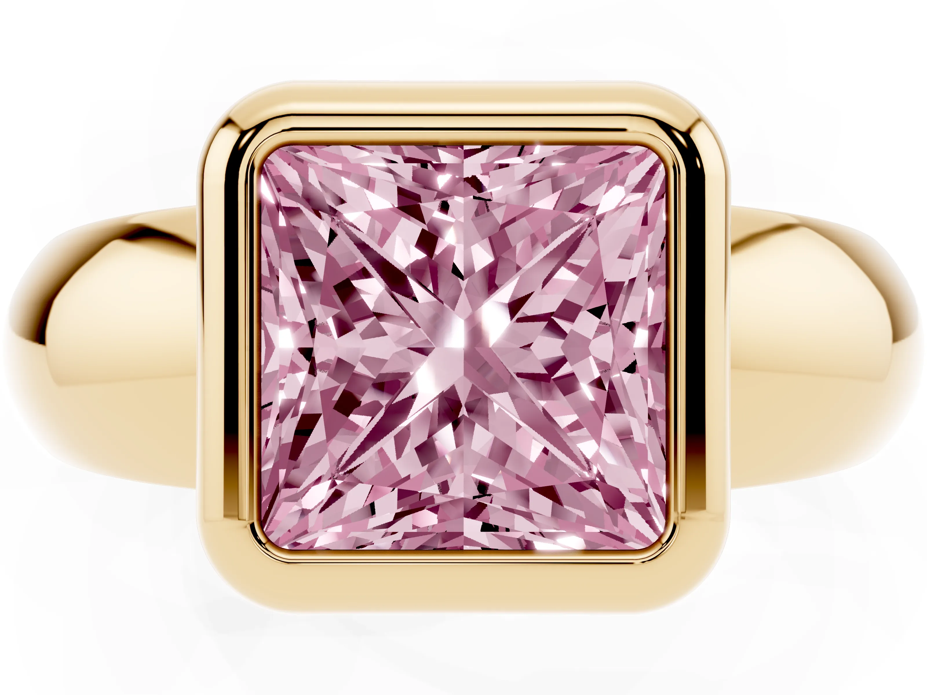 Fancy Pink Bezel Set Princess Cut Diamond Solitaire Ring Set in Yellow gold with Wide Band