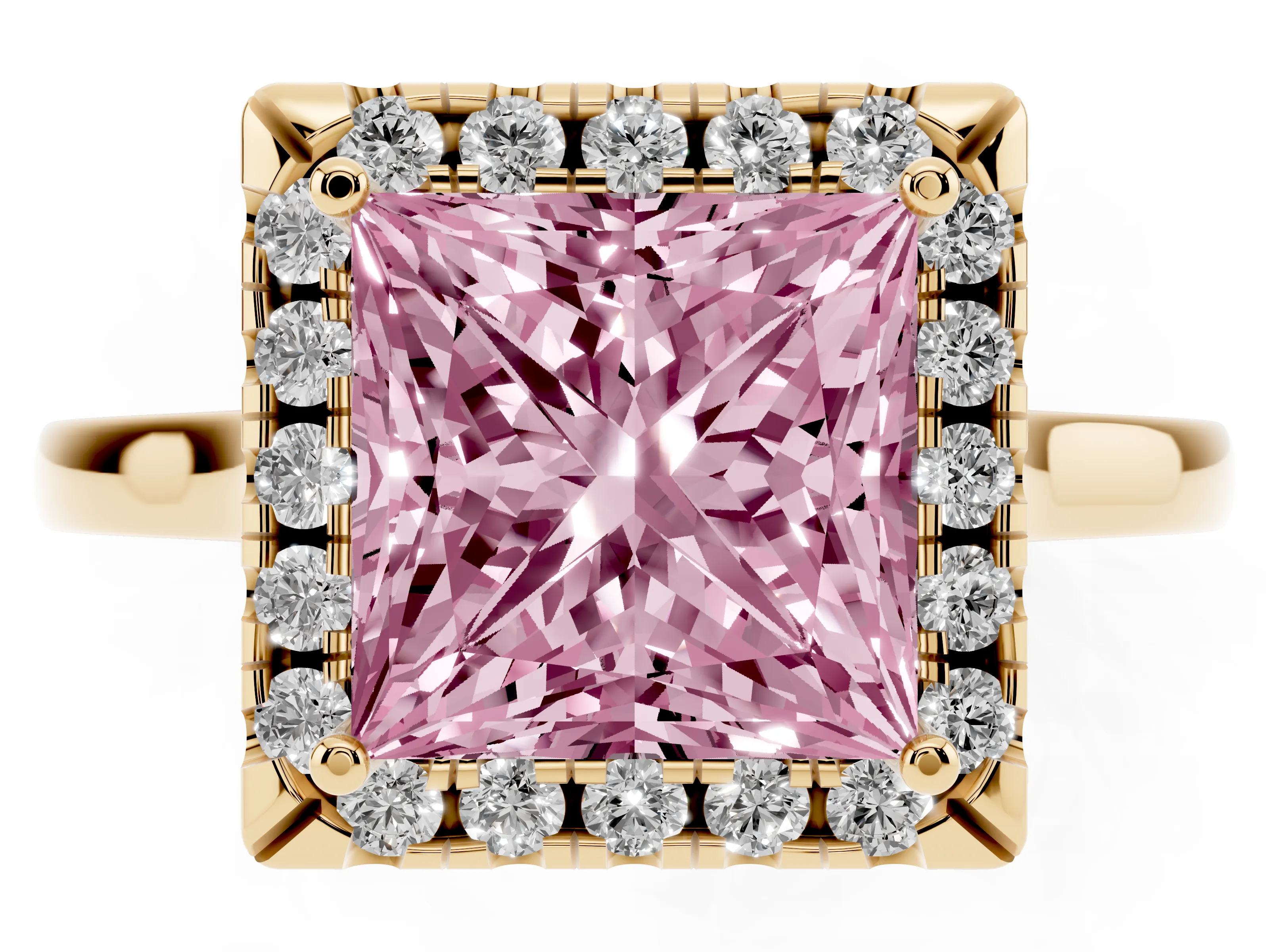 Fancy Pink Princess Cut Halo Round Diamond Solitaire Ring Set in Yellow gold with Pavé Band and Prong Setting