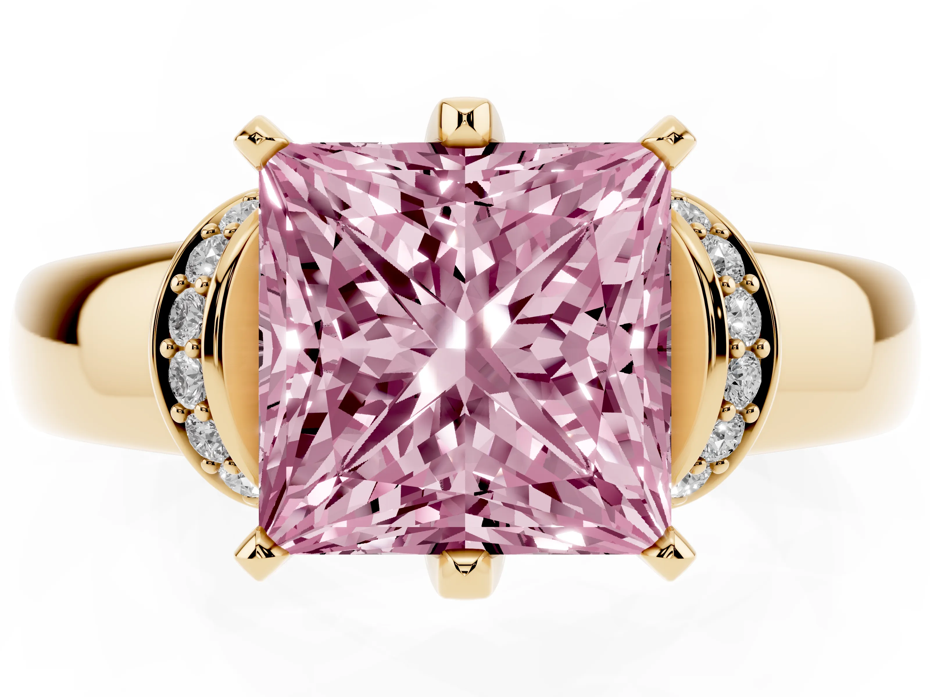 Fancy Pink Princess Cut Diamond Pavé Band Solitaire Ring Set in Yellow gold with Prong Setting