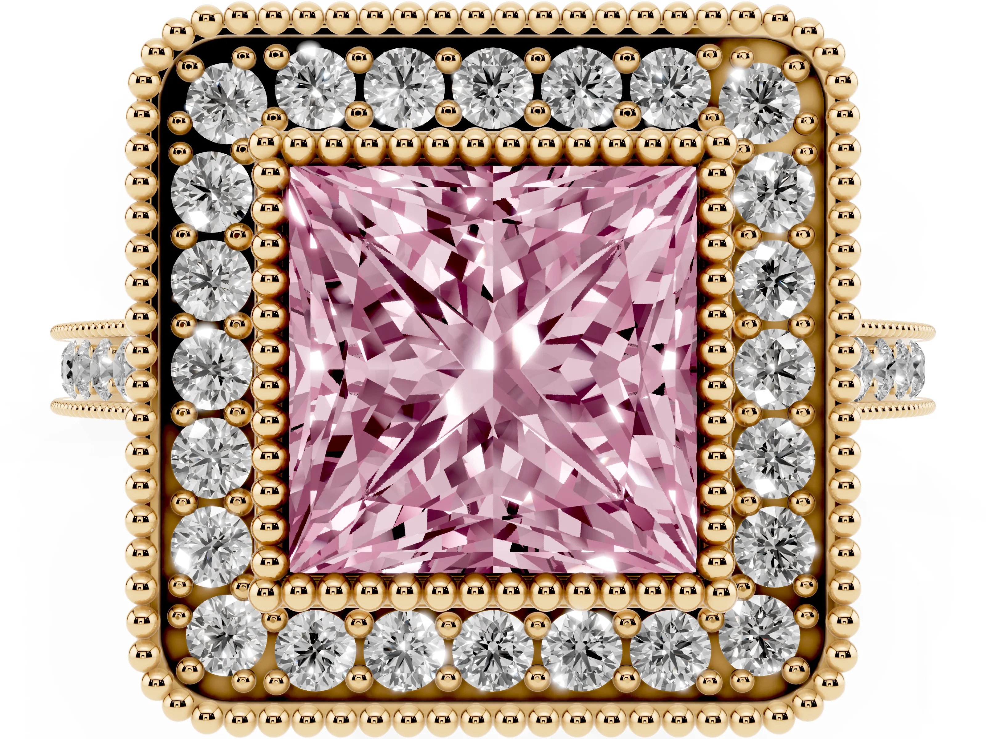 Fancy Pink Princess Cut Diamond Halo Ring Set in Yellow gold with Milgrain Frame and Pavé Band