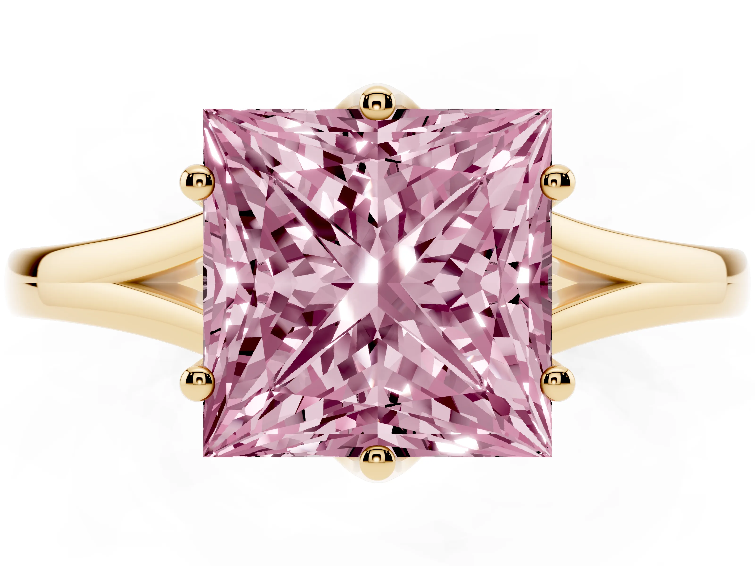 Fancy Pink Princess Cut Diamond Solitaire Ring Set in Yellow gold with Polished Tapered Band and Prong Setting